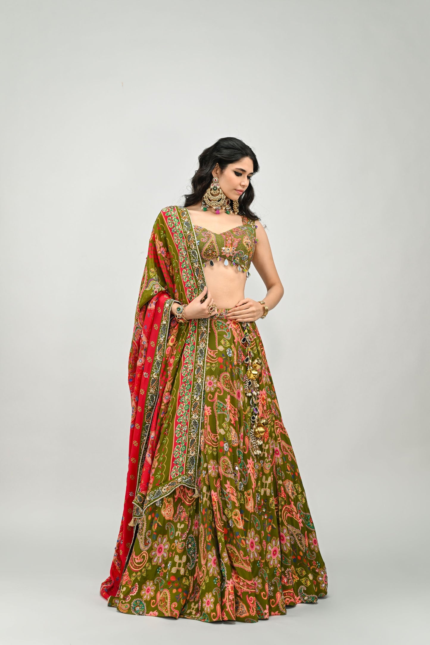 OLIVE HIGHLIGHTED LEHENGA PAIRED WITH BADLA EMBROIDERED OLIVE BLOUSE AND DUAL PRINT HIGHLIGHTED DUPATTA