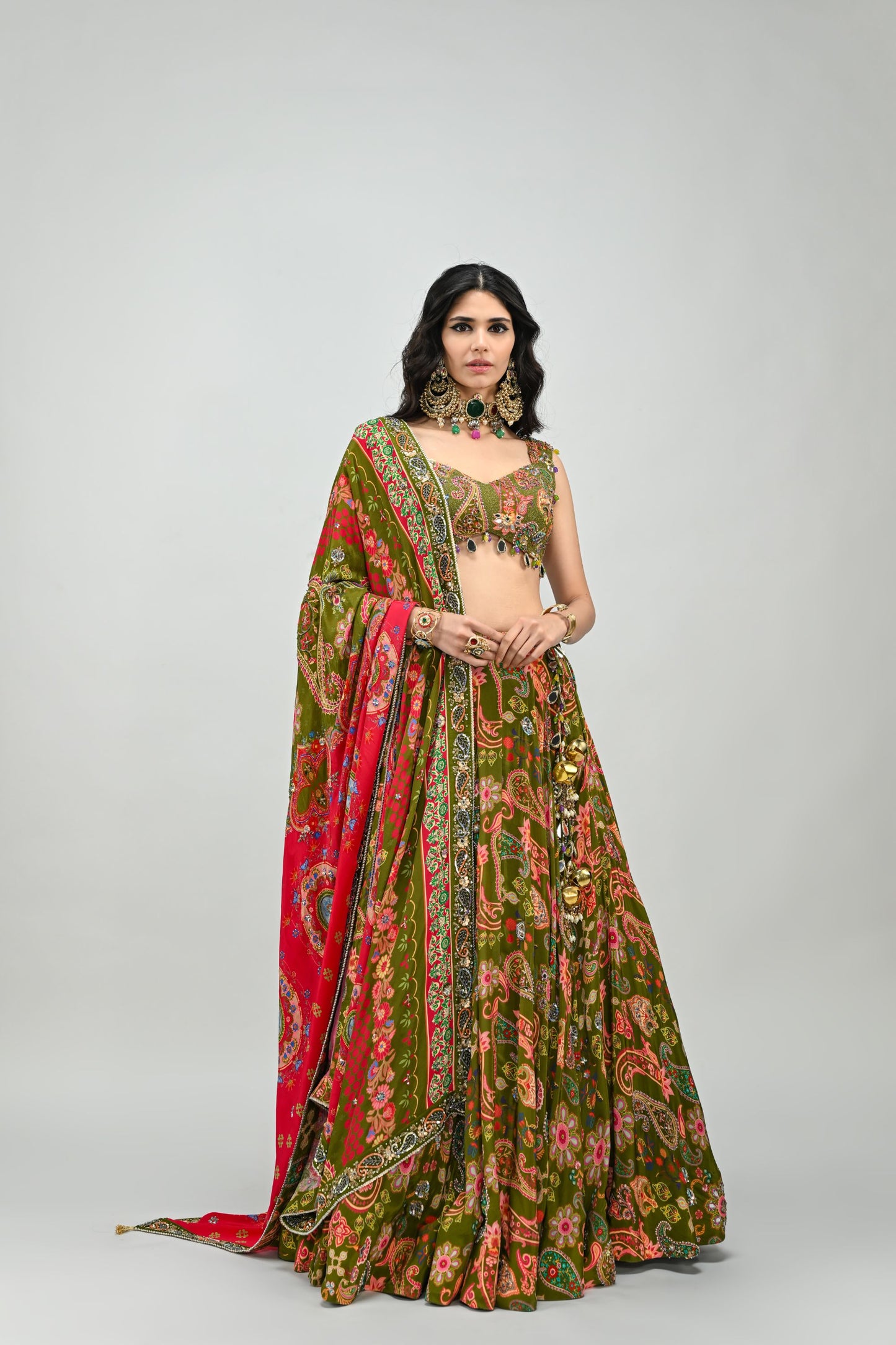 OLIVE HIGHLIGHTED LEHENGA PAIRED WITH BADLA EMBROIDERED OLIVE BLOUSE AND DUAL PRINT HIGHLIGHTED DUPATTA
