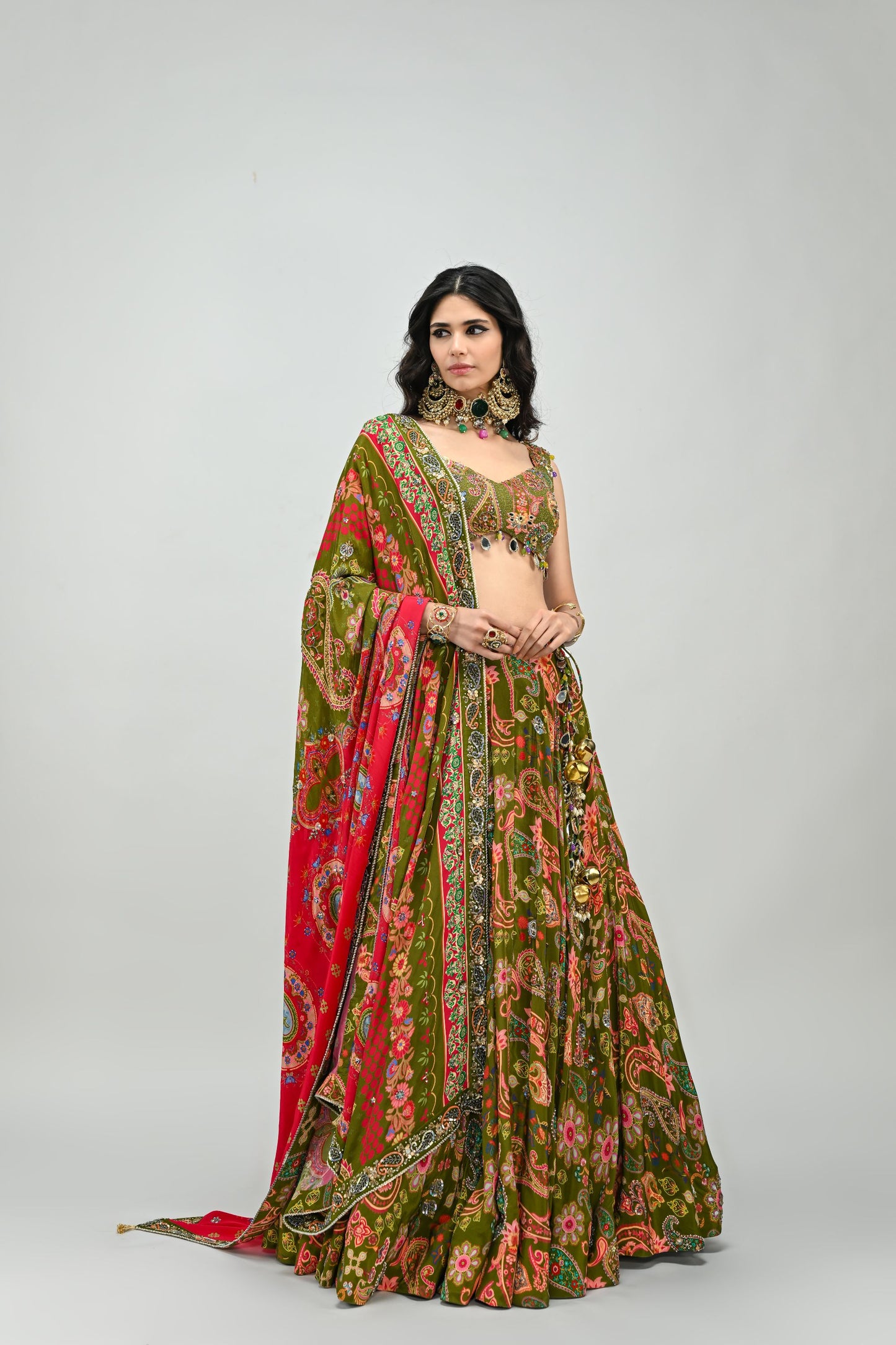 OLIVE HIGHLIGHTED LEHENGA PAIRED WITH BADLA EMBROIDERED OLIVE BLOUSE AND DUAL PRINT HIGHLIGHTED DUPATTA