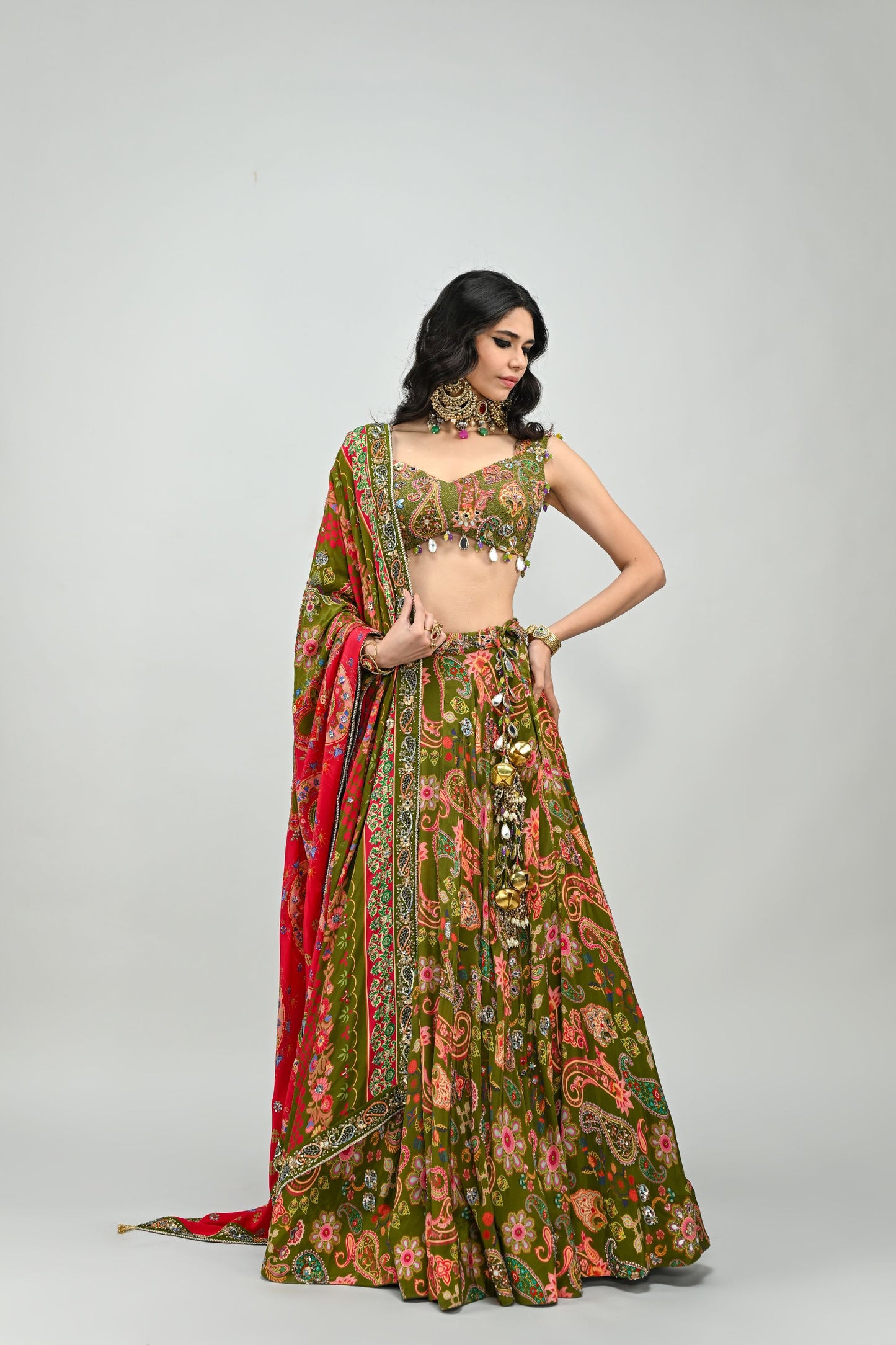 OLIVE HIGHLIGHTED LEHENGA PAIRED WITH BADLA EMBROIDERED OLIVE BLOUSE AND DUAL PRINT HIGHLIGHTED DUPATTA