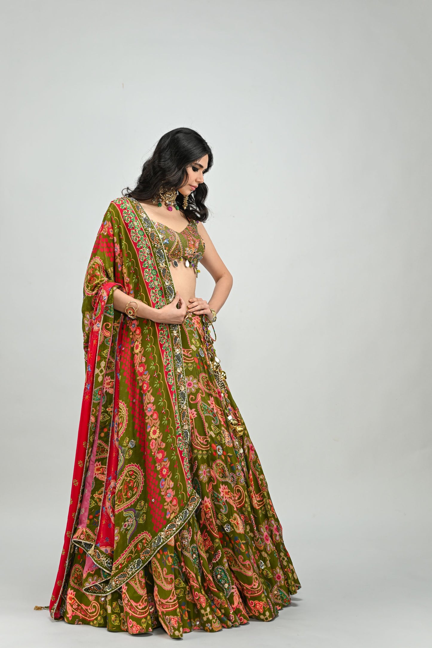 OLIVE HIGHLIGHTED LEHENGA PAIRED WITH BADLA EMBROIDERED OLIVE BLOUSE AND DUAL PRINT HIGHLIGHTED DUPATTA