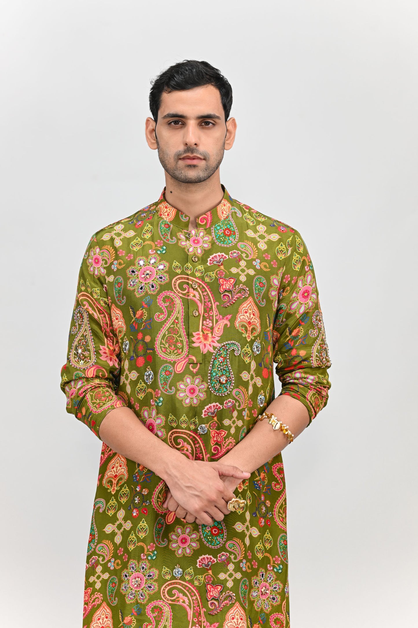 OLIVE HIGHLIGHTED KURTA PAIRED WITH COWL PANTS