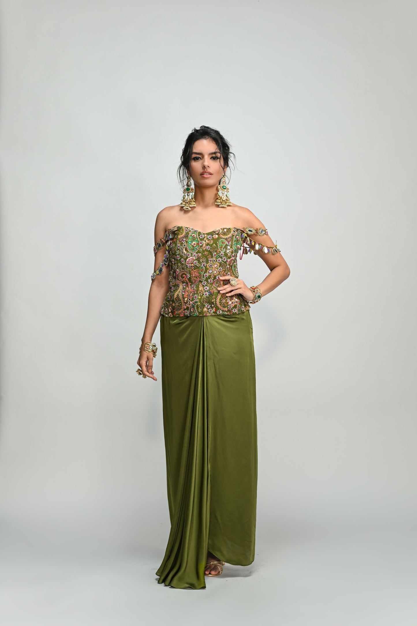 OLIVE BADLA EMBROIDERED CORSET PAIRED WITH OLIVE COWL SKIRT