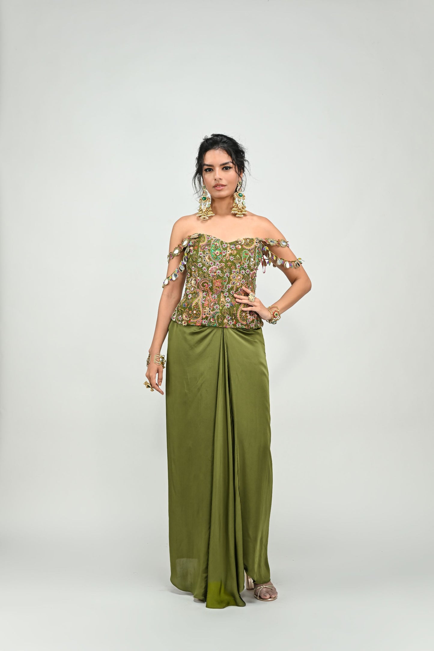 OLIVE BADLA EMBROIDERED CORSET PAIRED WITH OLIVE COWL SKIRT