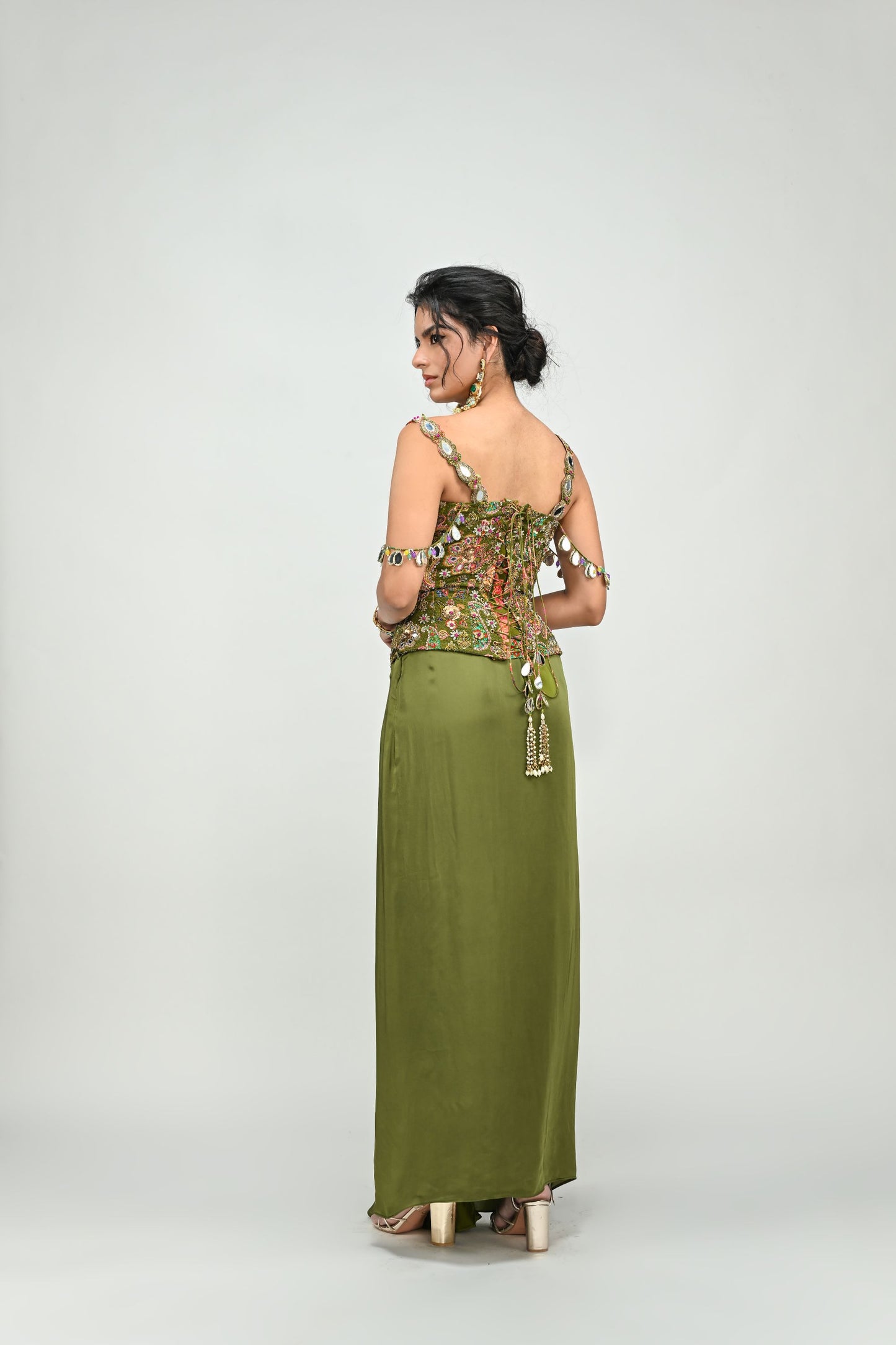 OLIVE BADLA EMBROIDERED CORSET PAIRED WITH OLIVE COWL SKIRT