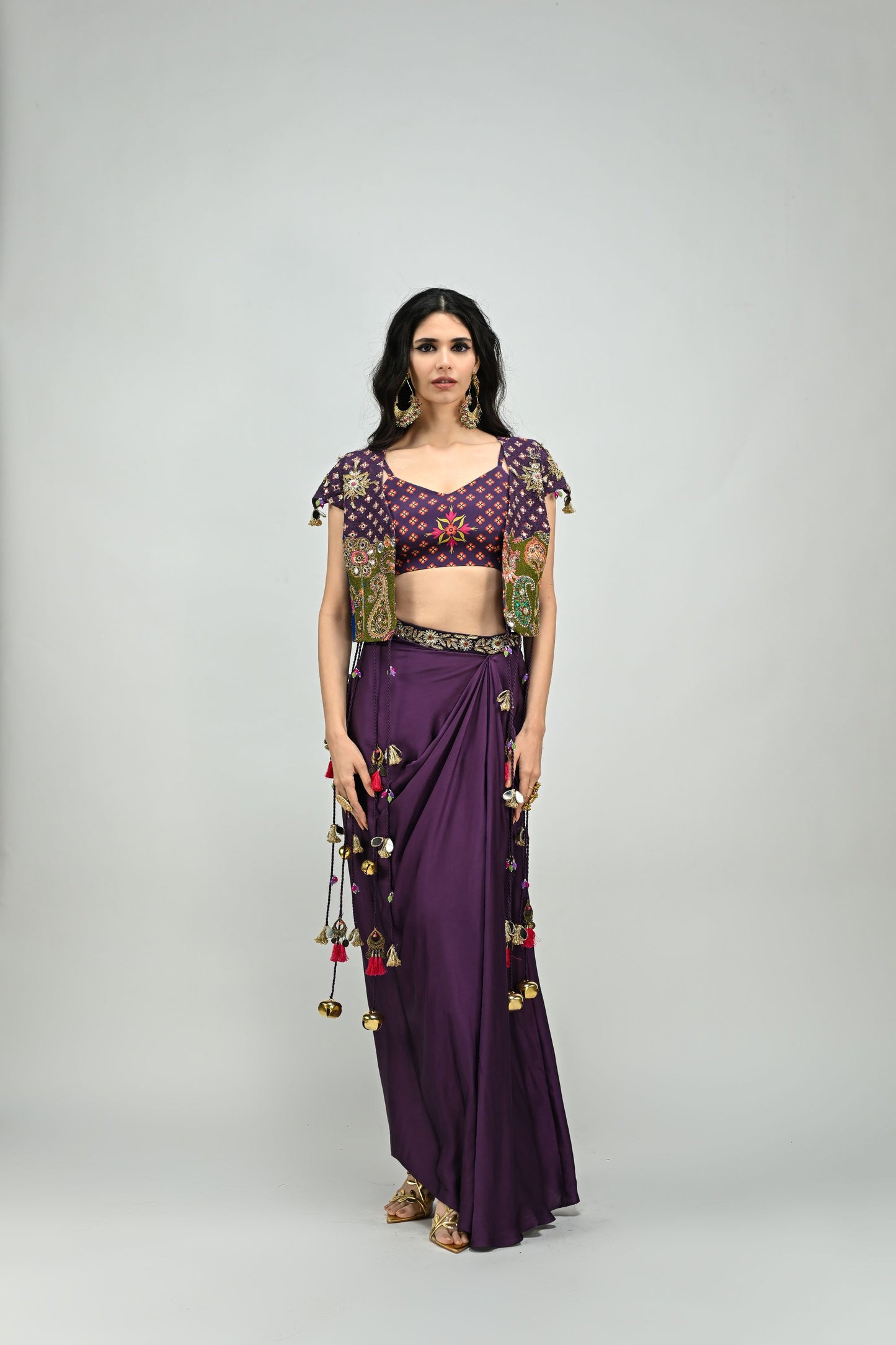 PLUM PATCH HIGHLIGHTED TASSEL JACKET DHOTI SKIRT SET