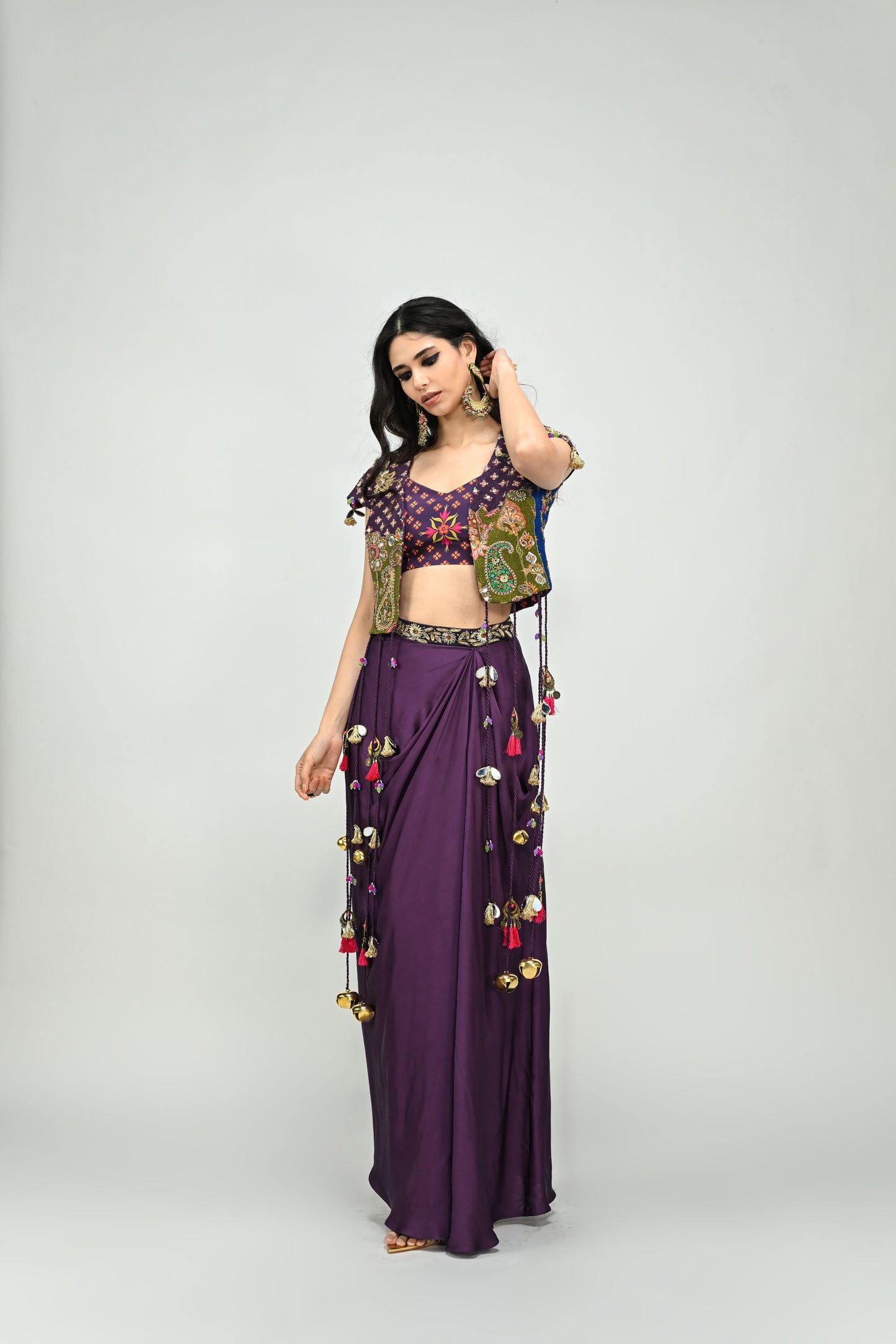 PLUM PATCH HIGHLIGHTED TASSEL JACKET DHOTI SKIRT SET