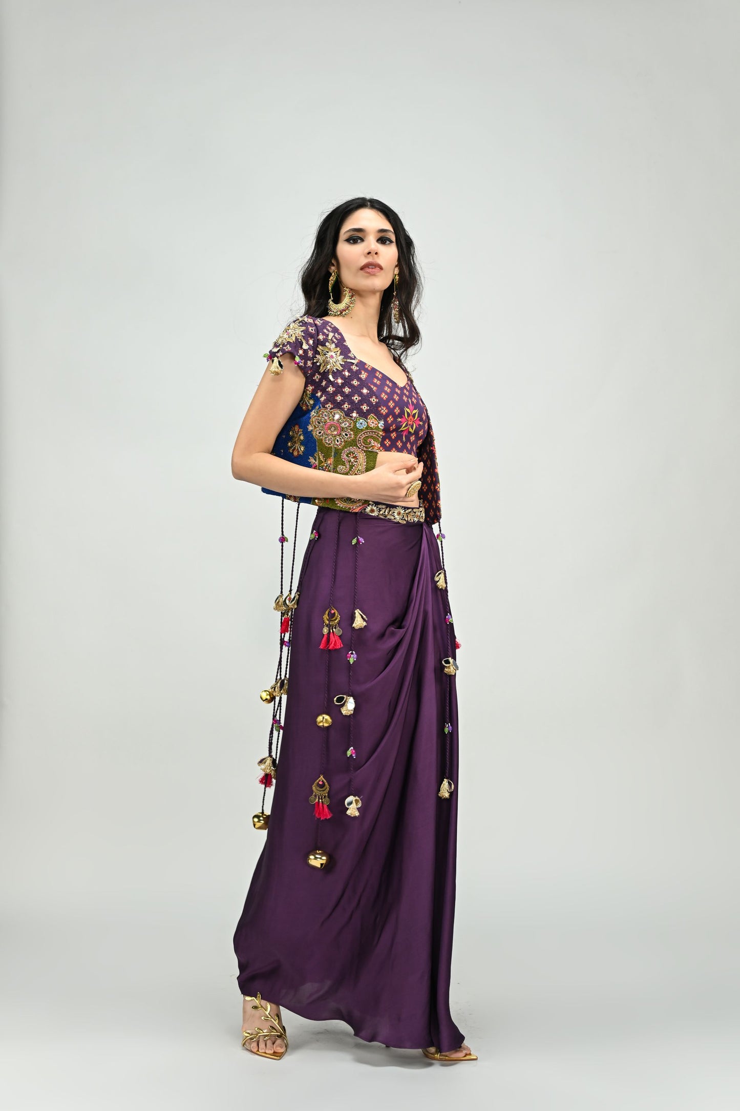 PLUM PATCH HIGHLIGHTED TASSEL JACKET DHOTI SKIRT SET