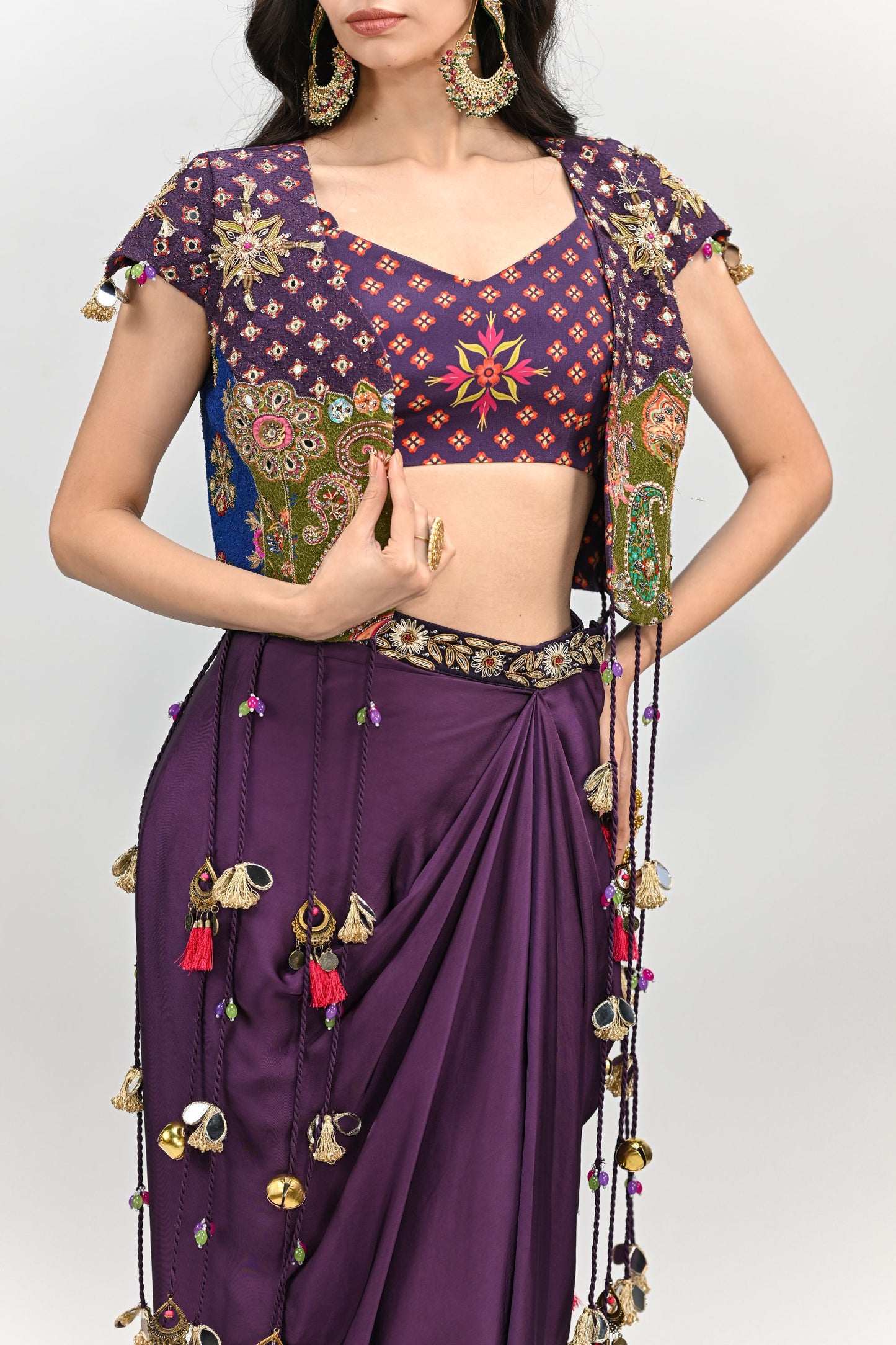PLUM PATCH HIGHLIGHTED TASSEL JACKET DHOTI SKIRT SET