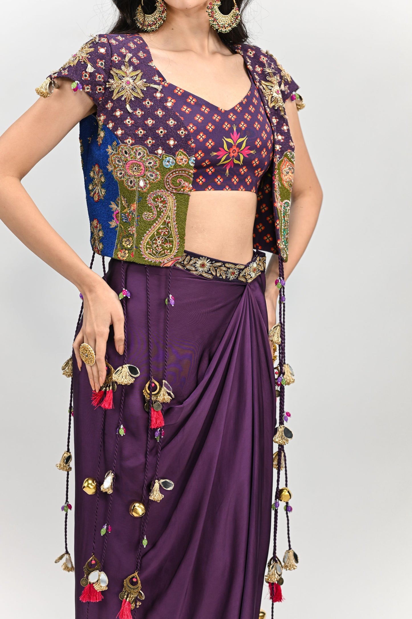 PLUM PATCH HIGHLIGHTED TASSEL JACKET DHOTI SKIRT SET