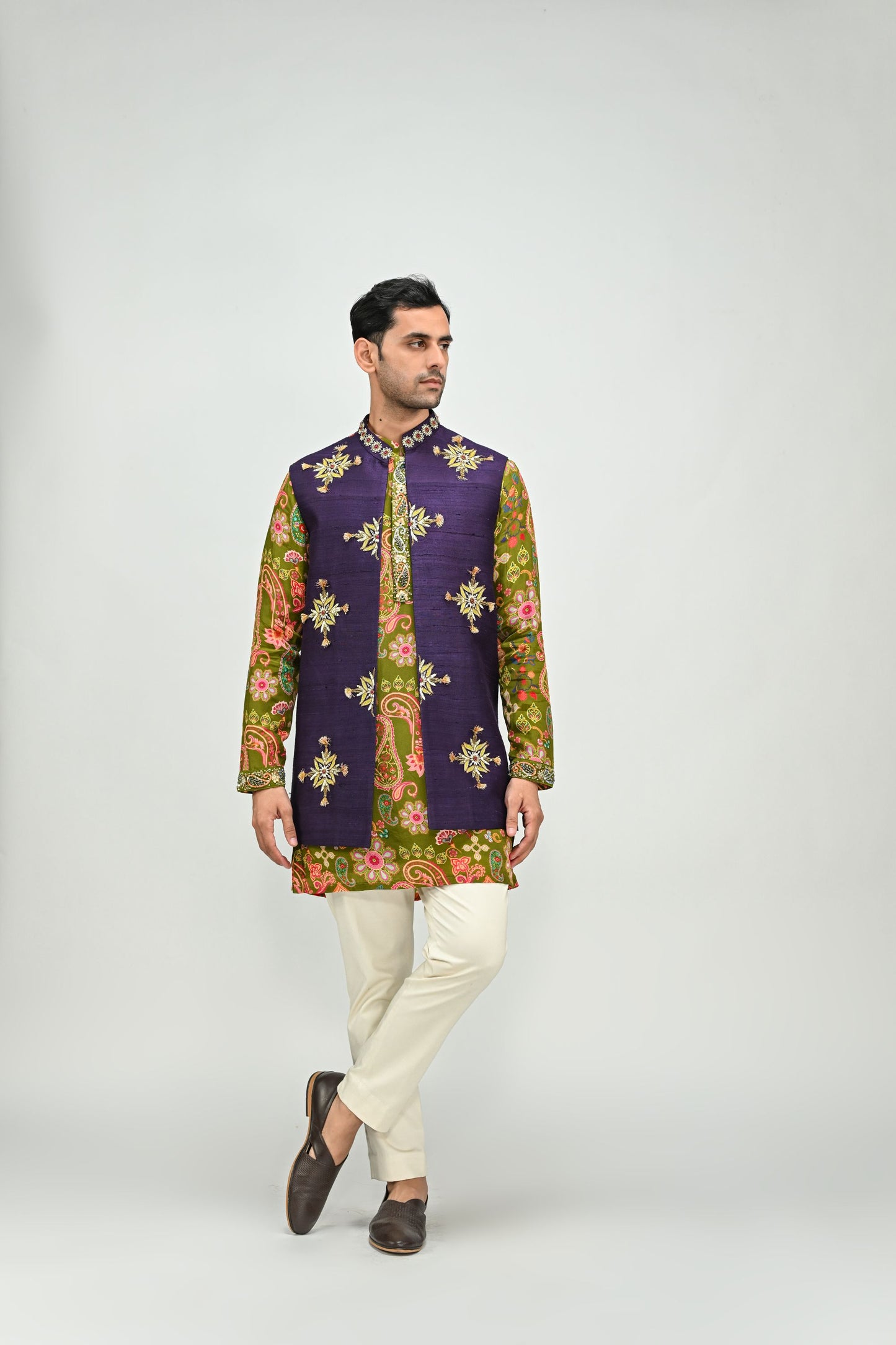OLIVE KURTA PAIRED WITH EMBROIDERED HALF JACKET PANT SET