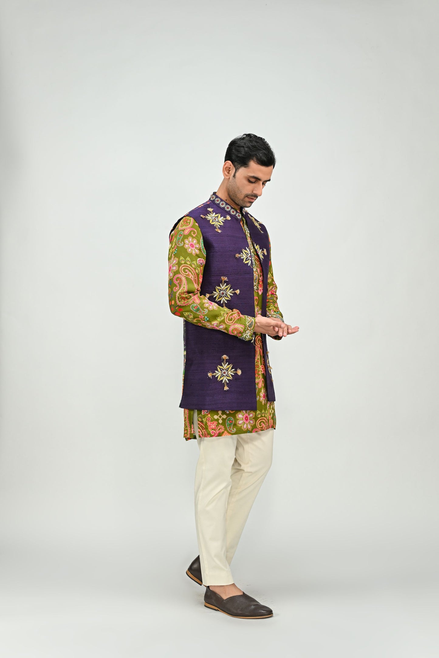 OLIVE KURTA PAIRED WITH EMBROIDERED HALF JACKET PANT SET