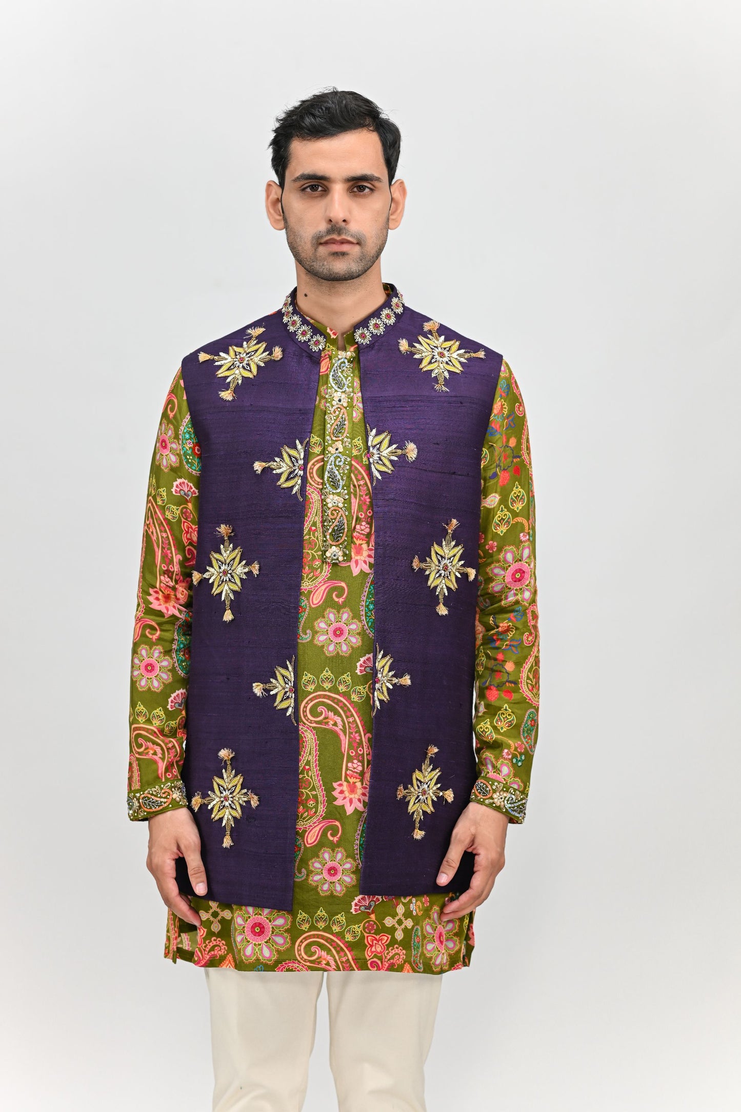 OLIVE KURTA PAIRED WITH EMBROIDERED HALF JACKET PANT SET