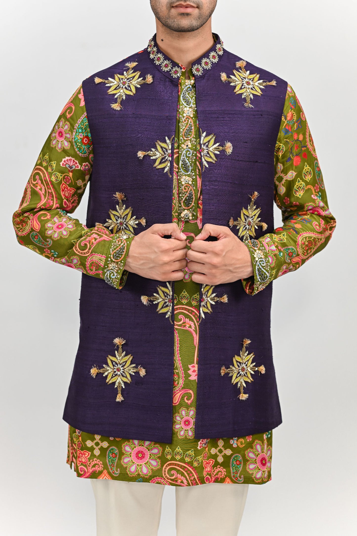 OLIVE KURTA PAIRED WITH EMBROIDERED HALF JACKET PANT SET