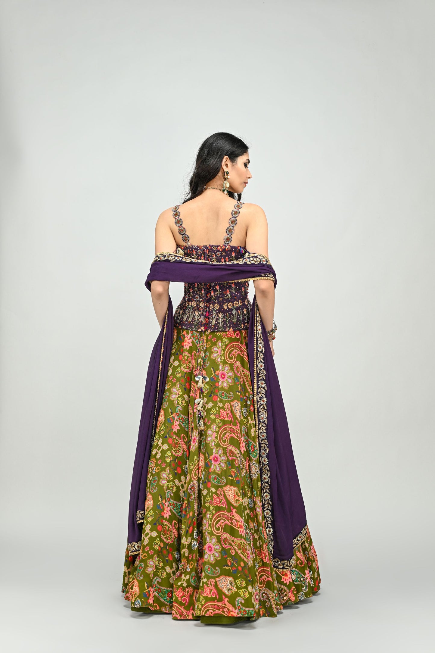 OLIVE HIGHLIGHTED LEHENGA PAIRED WITH PLUM EMBROIDERED BADLA CORSET AND DUPATTA