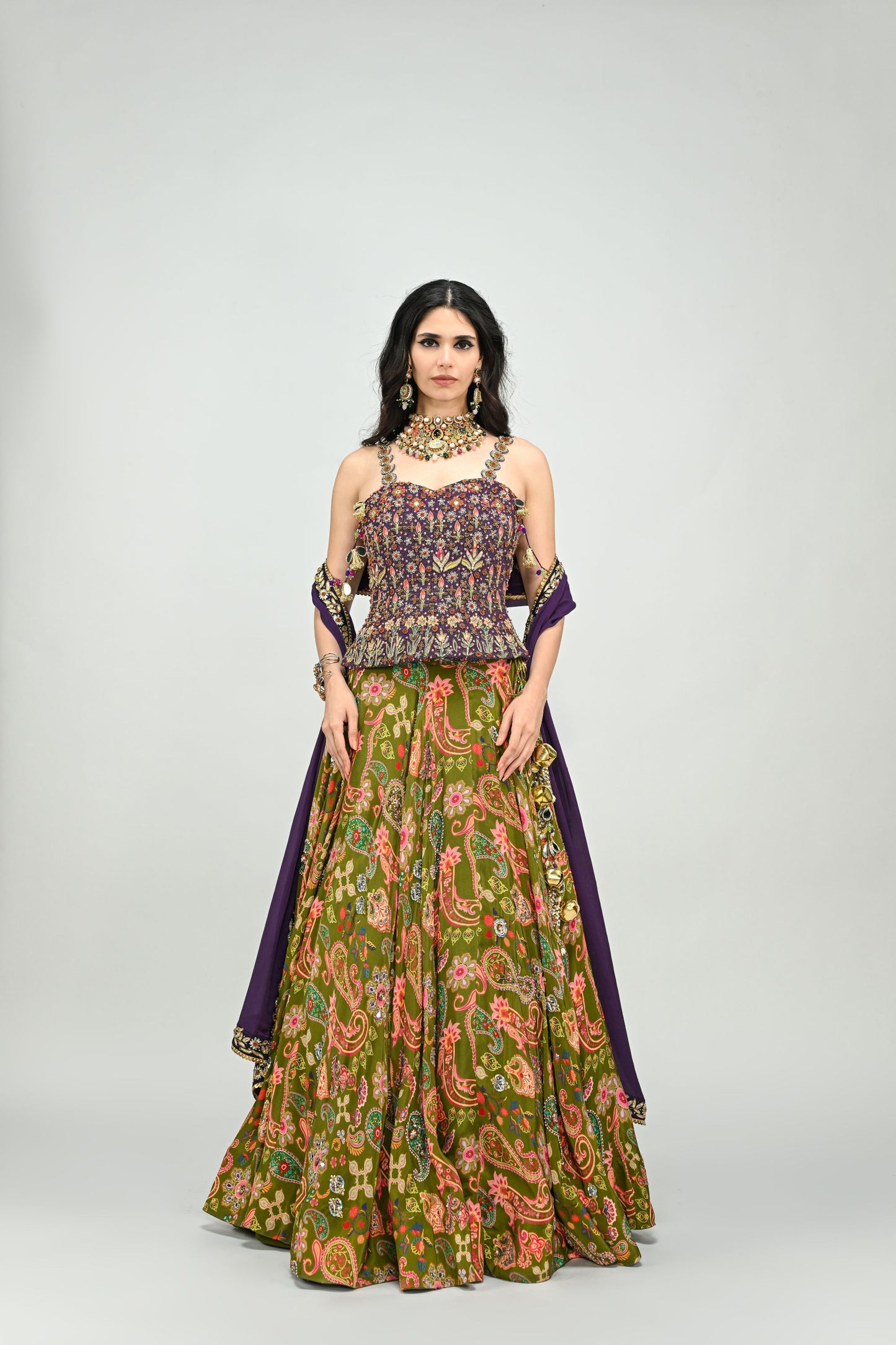 OLIVE HIGHLIGHTED LEHENGA PAIRED WITH PLUM EMBROIDERED BADLA CORSET AND DUPATTA
