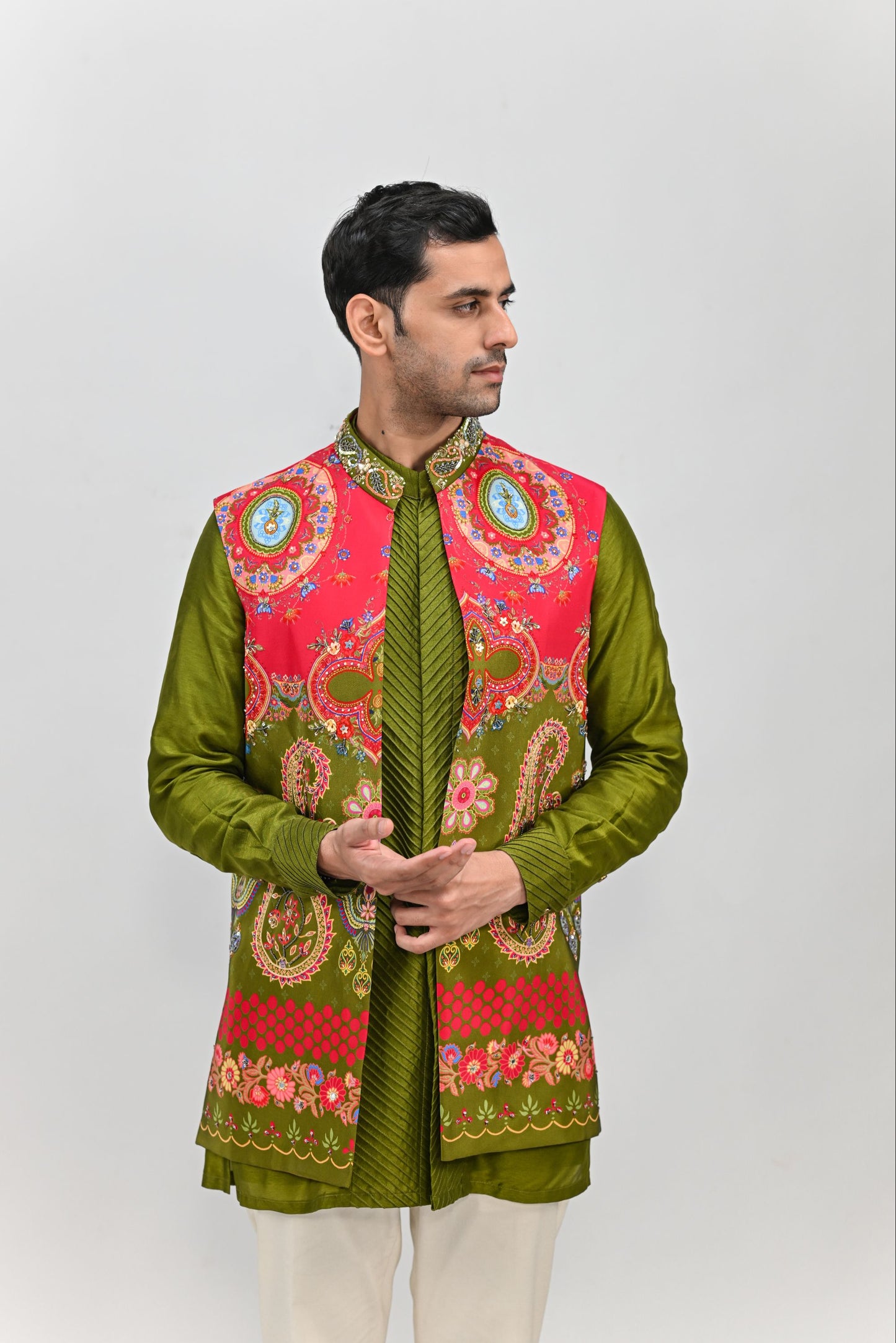 OLIVE PRINTED HIGHLIGHTED HALF JACKET /FULL SET