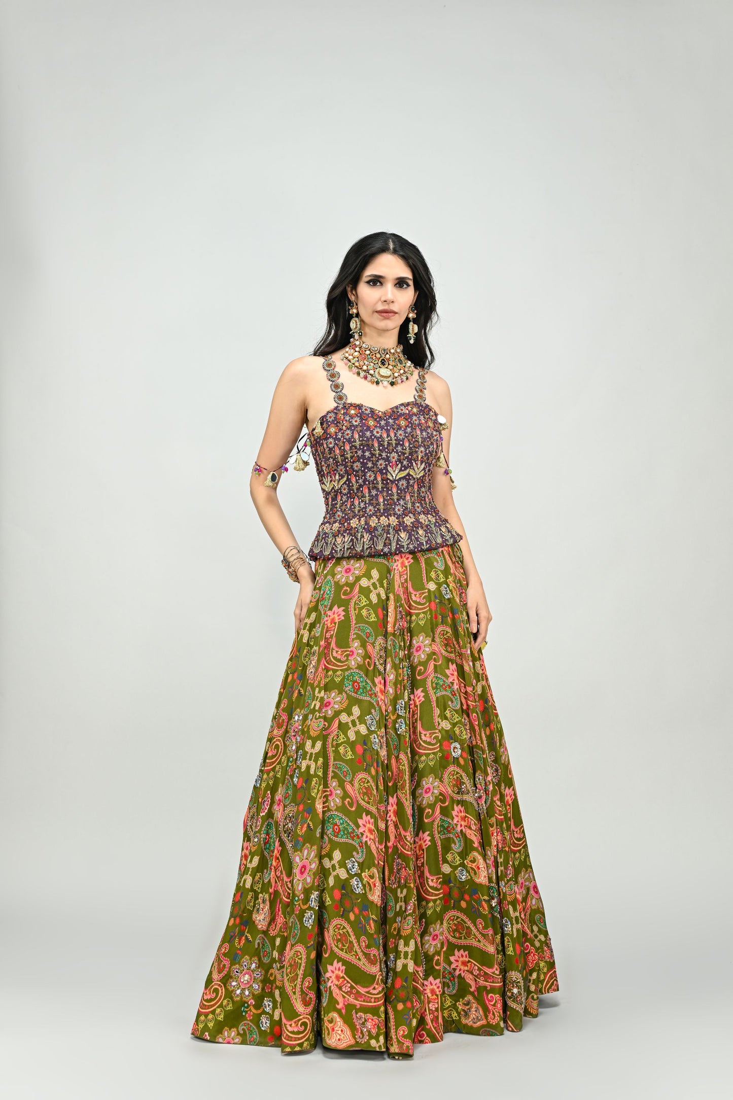 OLIVE HIGHLIGHTED LEHENGA PAIRED WITH PLUM EMBROIDERED BADLA CORSET