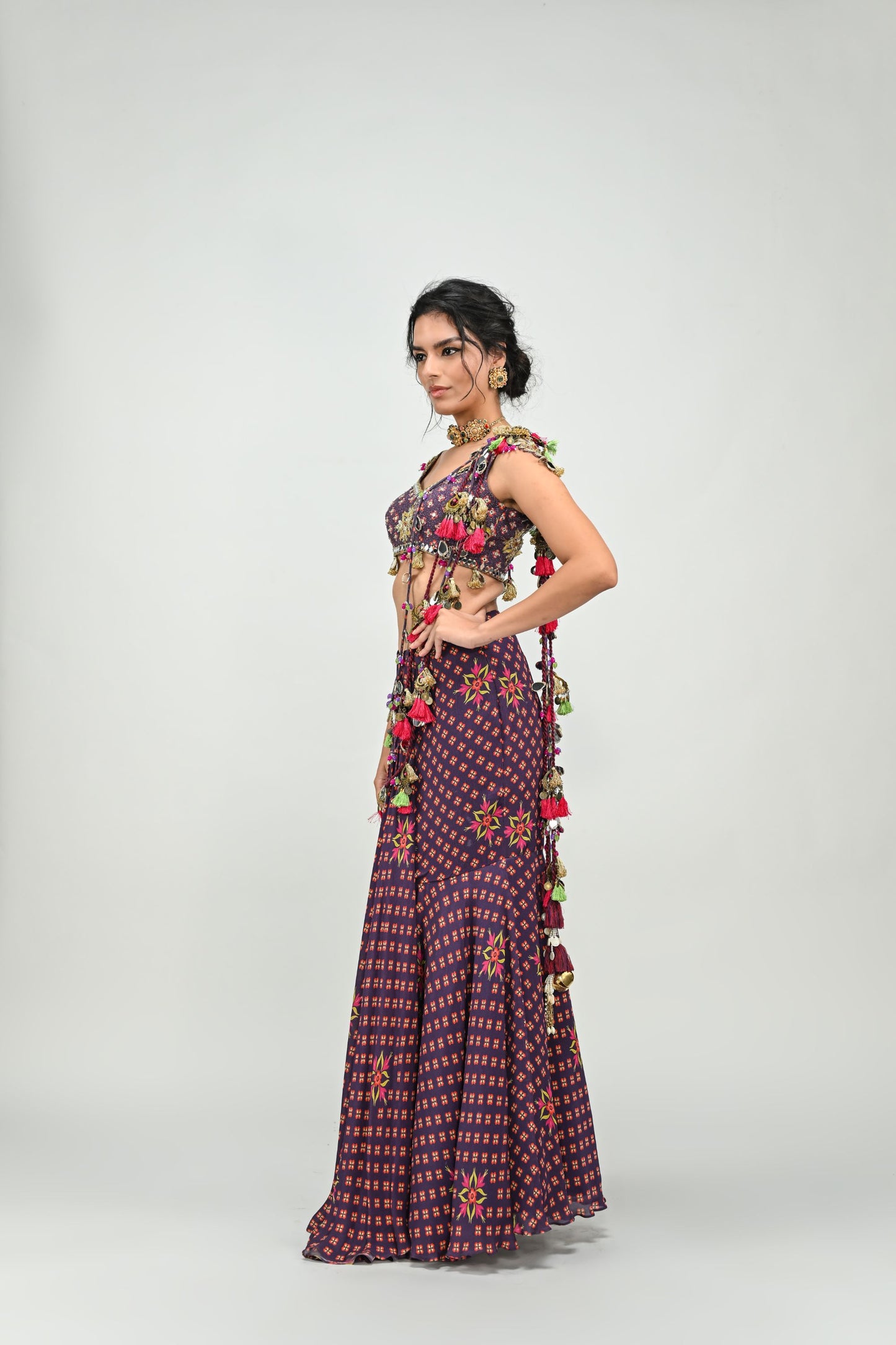 PLUM PRESTITCHED TASSEL SAREE PAIRED WITH BADLA EMBROIDERED PLUM BADLA HIGHLIGHTED BLOUSE