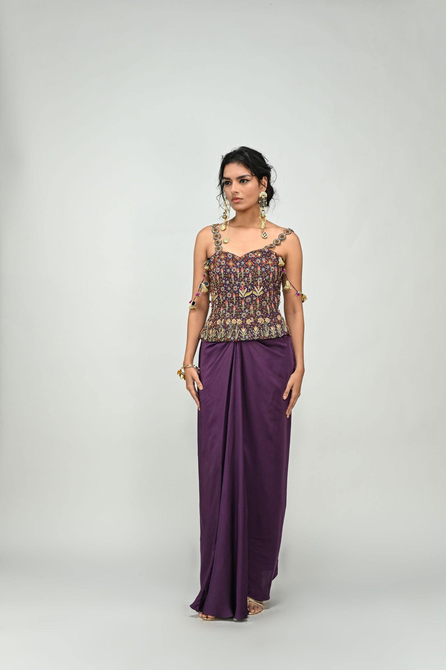 PLUM HIGHLIGHTED BBADLA CORSET SKIRT DHOTI SET