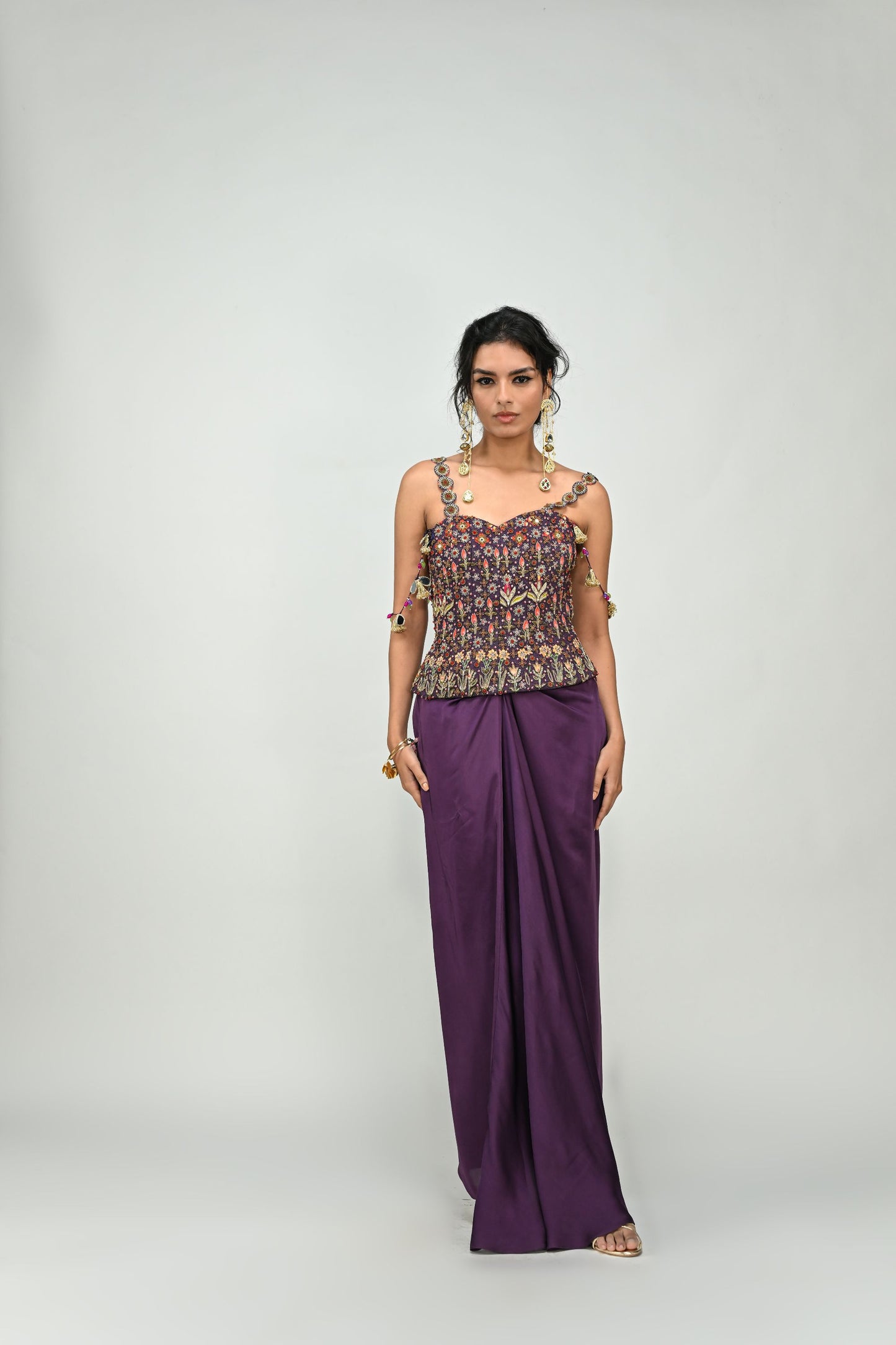 PLUM HIGHLIGHTED BBADLA CORSET SKIRT DHOTI SET
