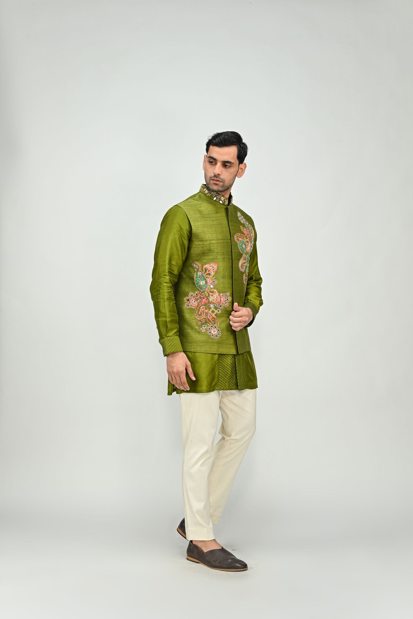 OLIVE PATCH BUNDI KURTA PANT SET