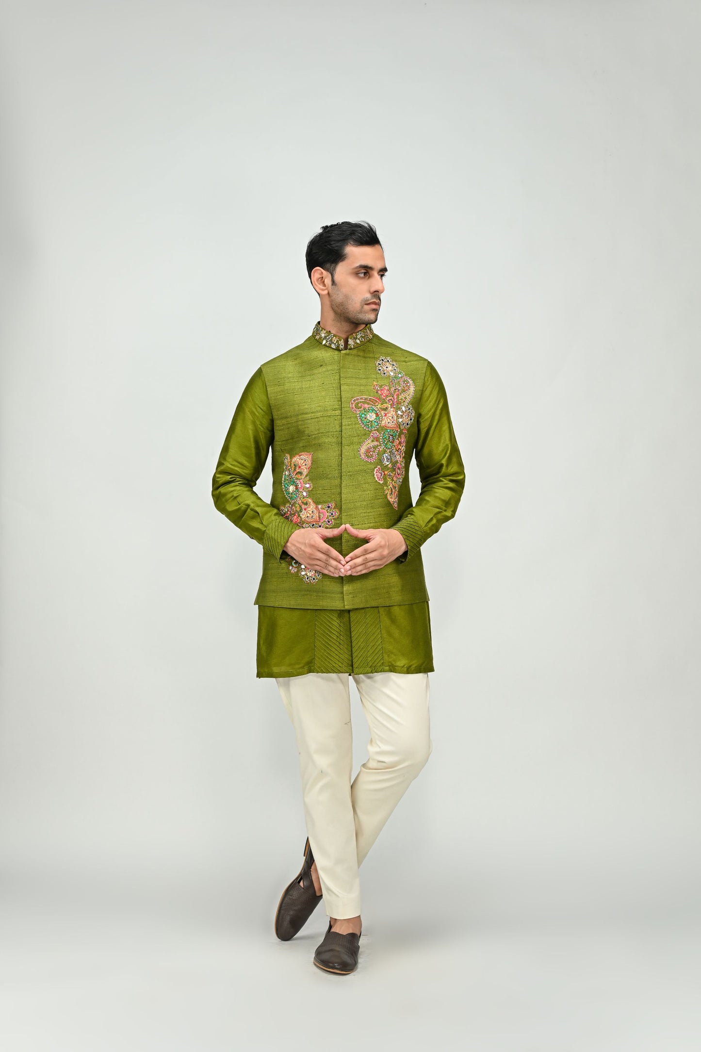 OLIVE PATCH BUNDI KURTA PANT SET
