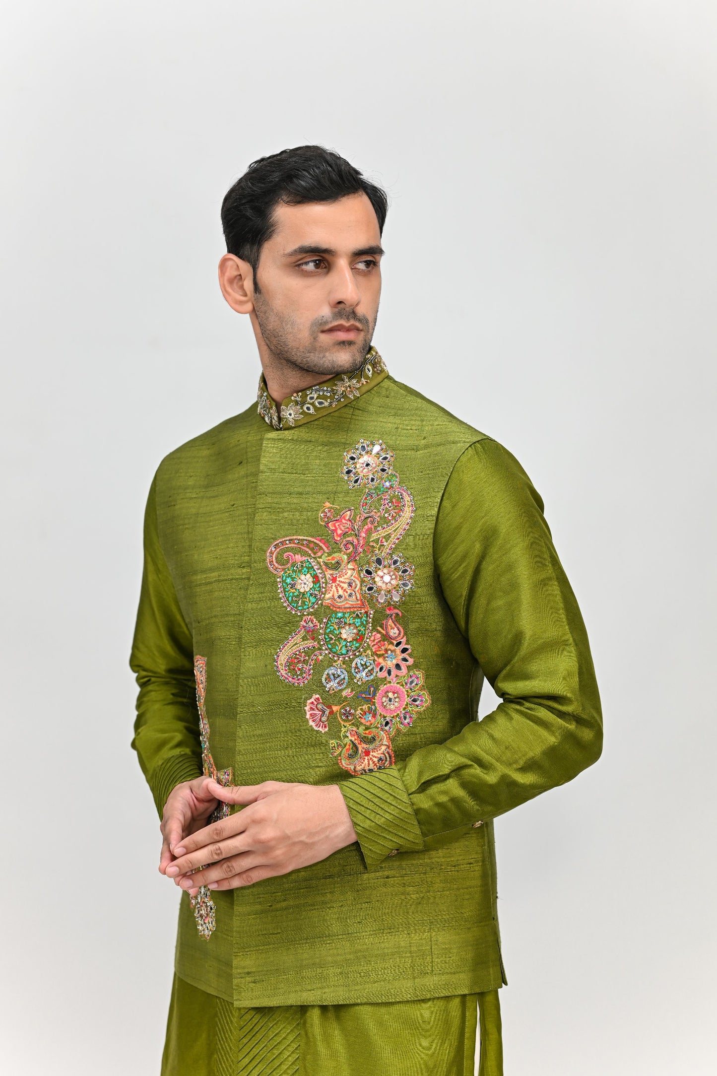 OLIVE PATCH BUNDI KURTA PANT SET