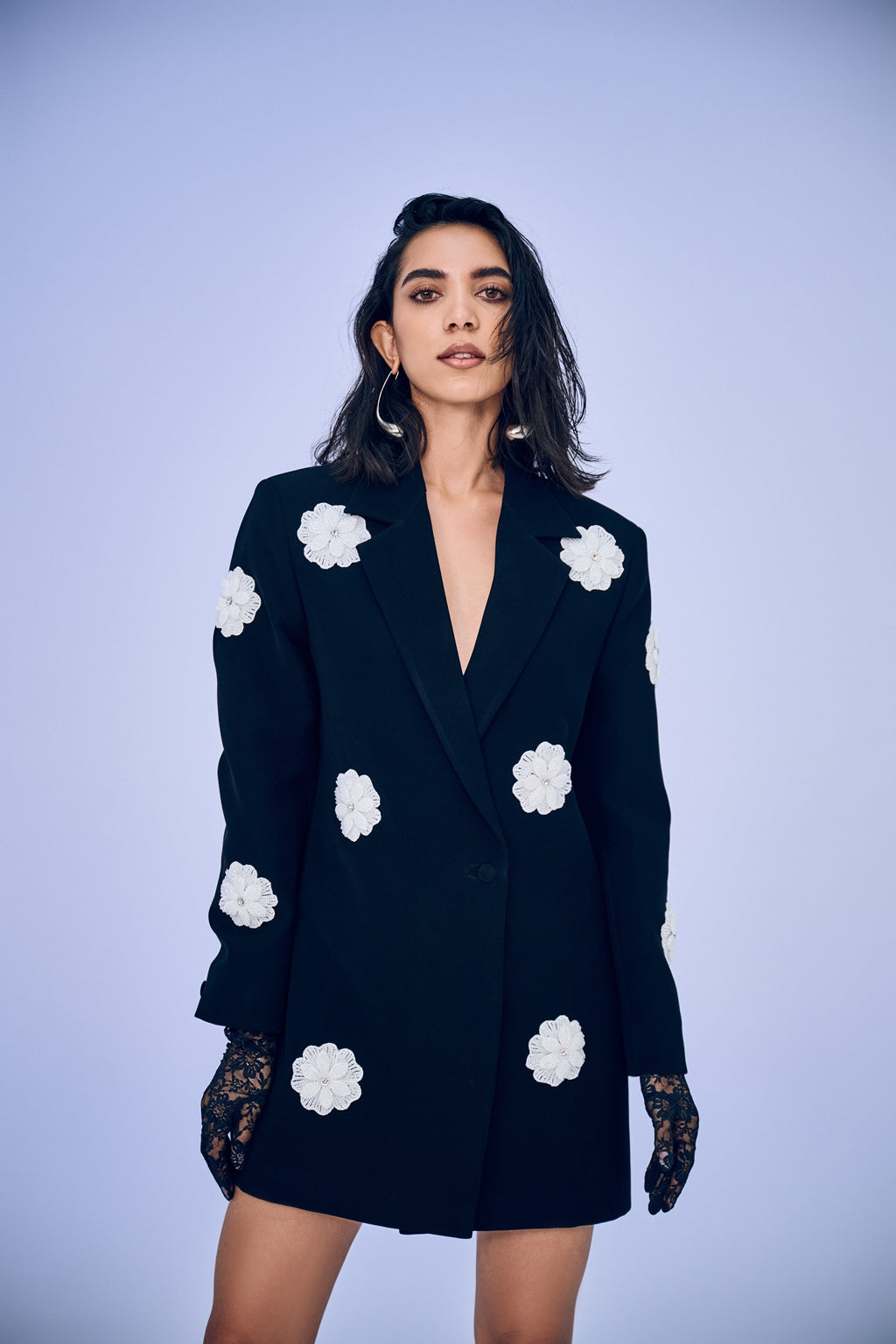 Black Blazer with White 3d Flower Set