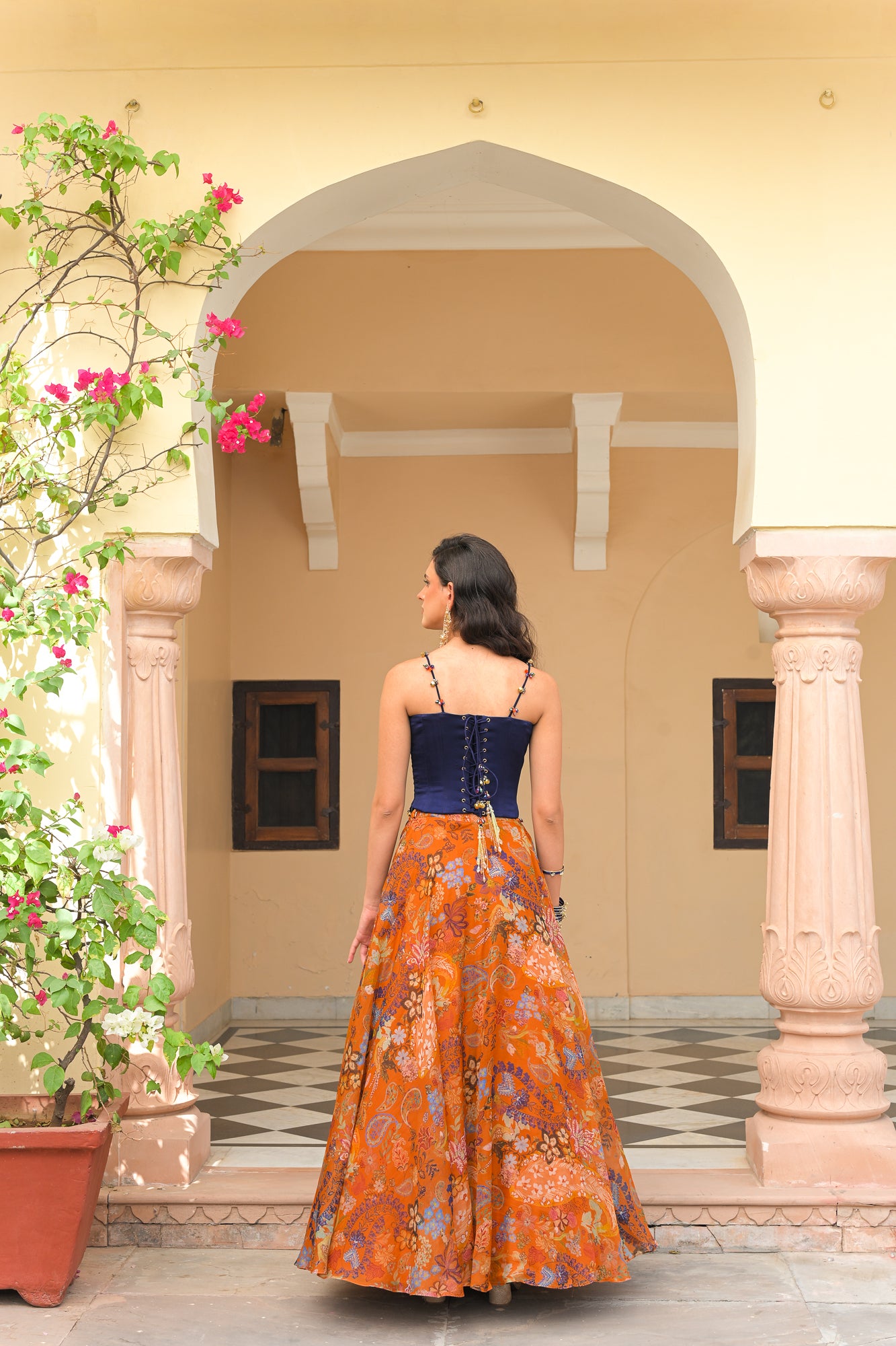 AMBER BLOOM ORGANZA PRINTED LEHENGA WITH PAISLEY PATCH CORSET