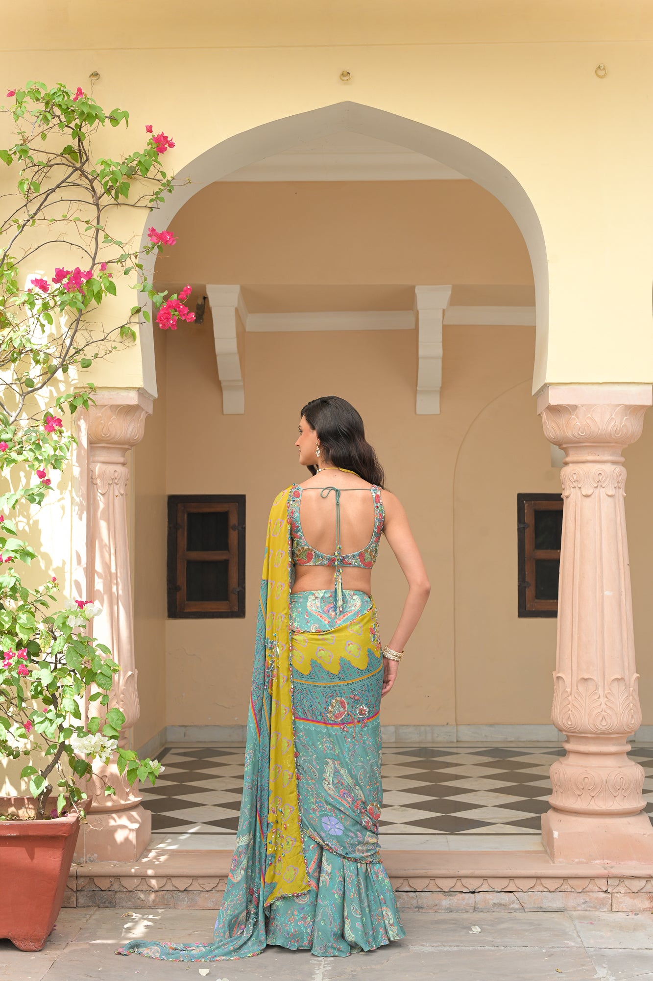 IRIS MIST HIGHLIGHT PRESTITCHED DUAL SAREE WITH EMBROIDERED BLOUSE