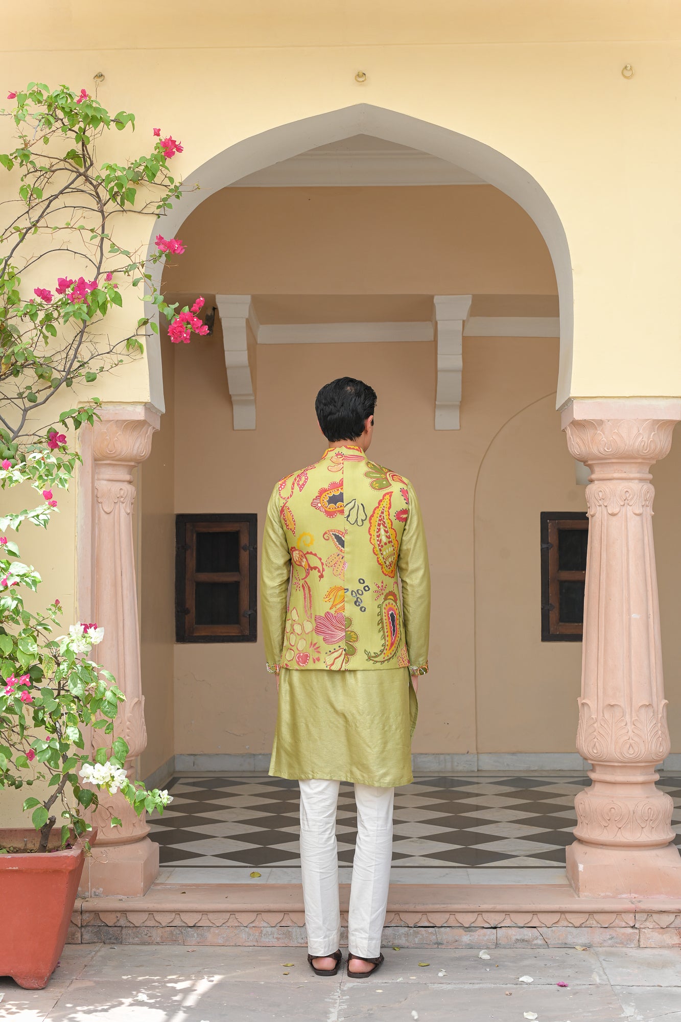 EMBROIDERED OLIVE BLOOM BUNDI WITH MIRROR WORK KURTA PANT SET