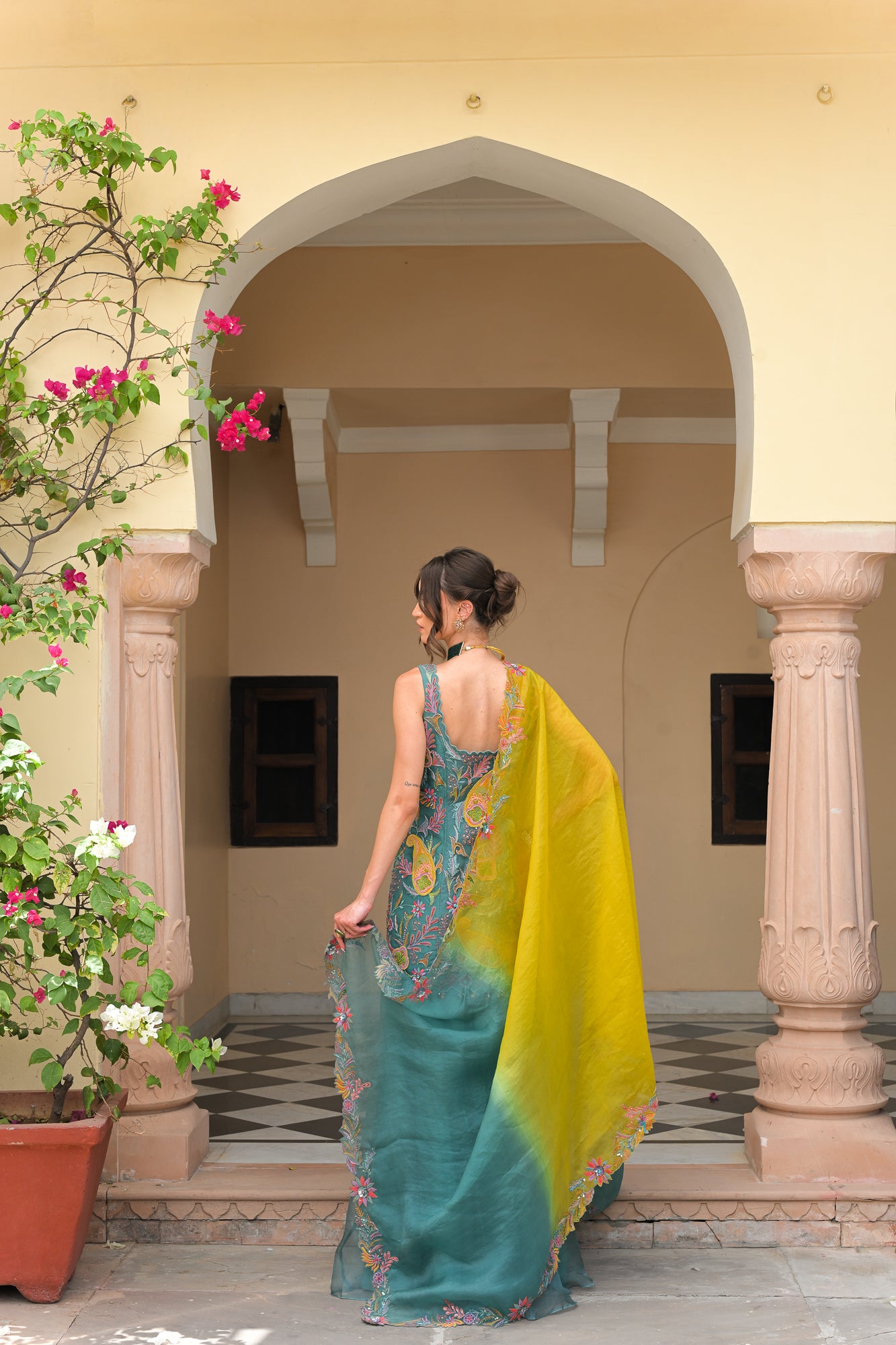 IRIS MIST THREAD WORK PATCH KURTA WITH. PANEL KALI PANT WITH DUAL THREAD WORK. HIGHLIGHT DUPATTA
