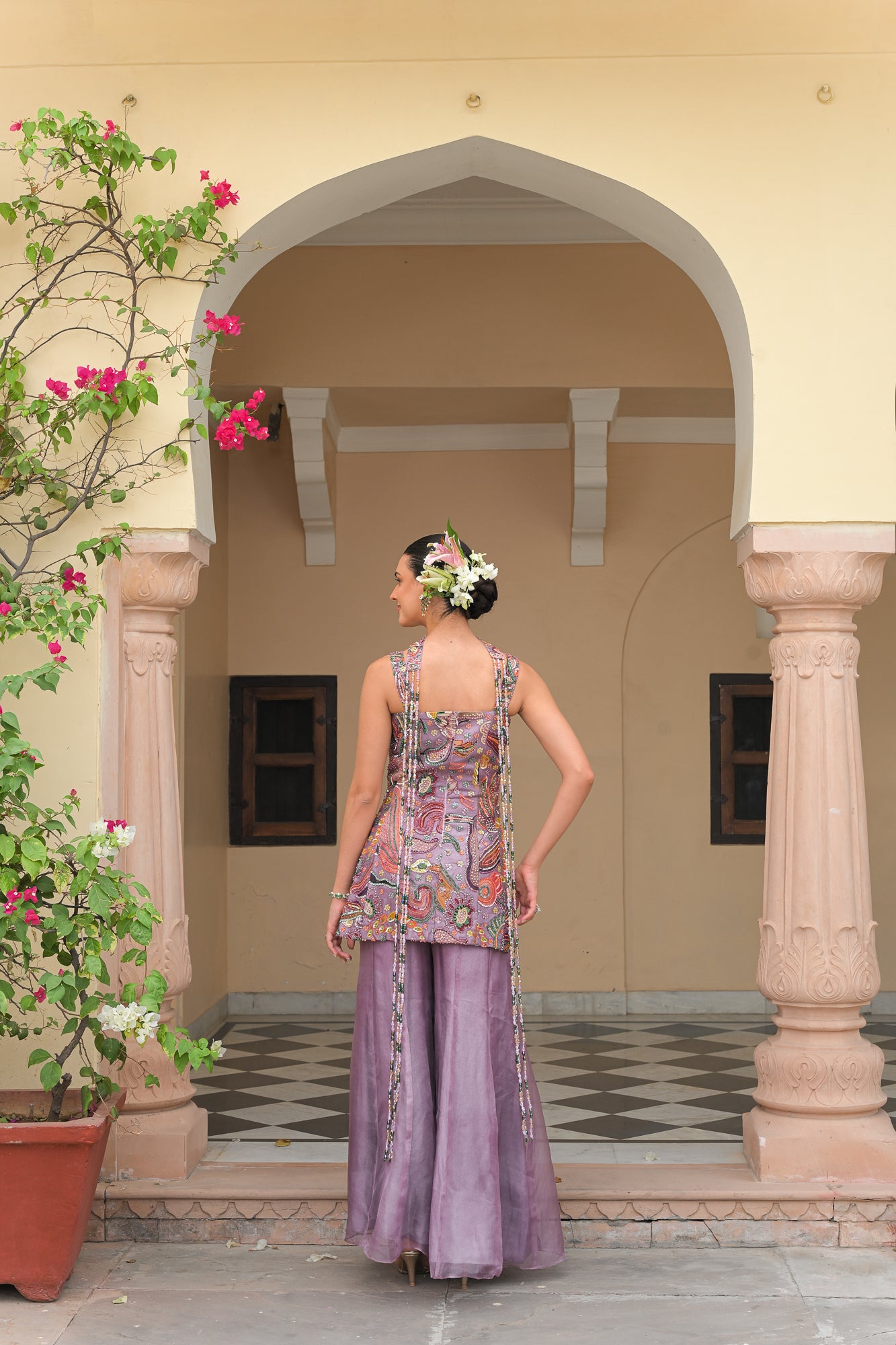 VIOLET BLOOM EMBROIDERED PANEL KURTA WITH KALI PANEL PANTS AND NECK TASSEL DUPATTA