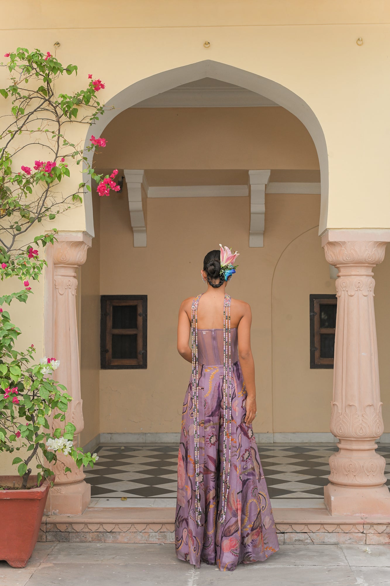 VIOLET BLOOM FLOWER PATCH JUMPSUIT WITH TASSEL DUPATTA