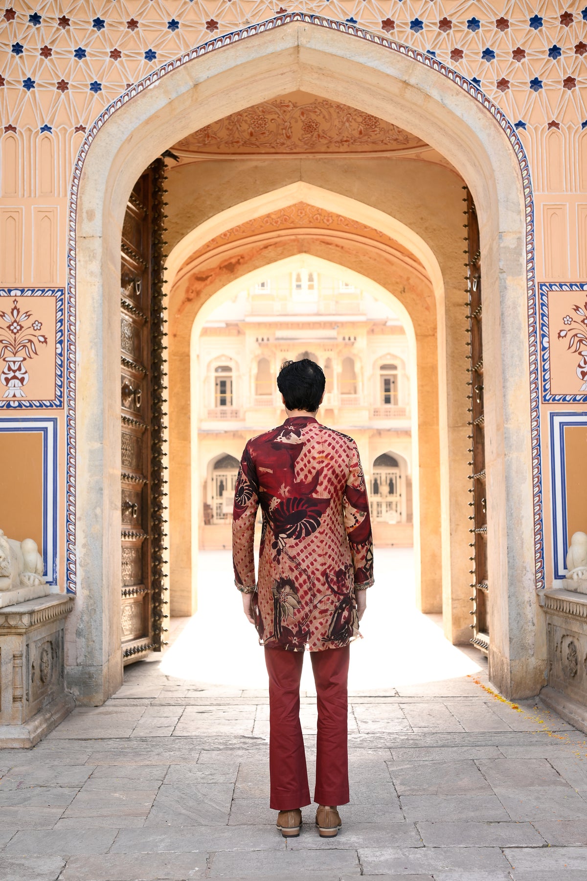 ORGNAZA KURTA WITH WORK ON PURTIN & CUFF WITH MAROON FLAIR PANT