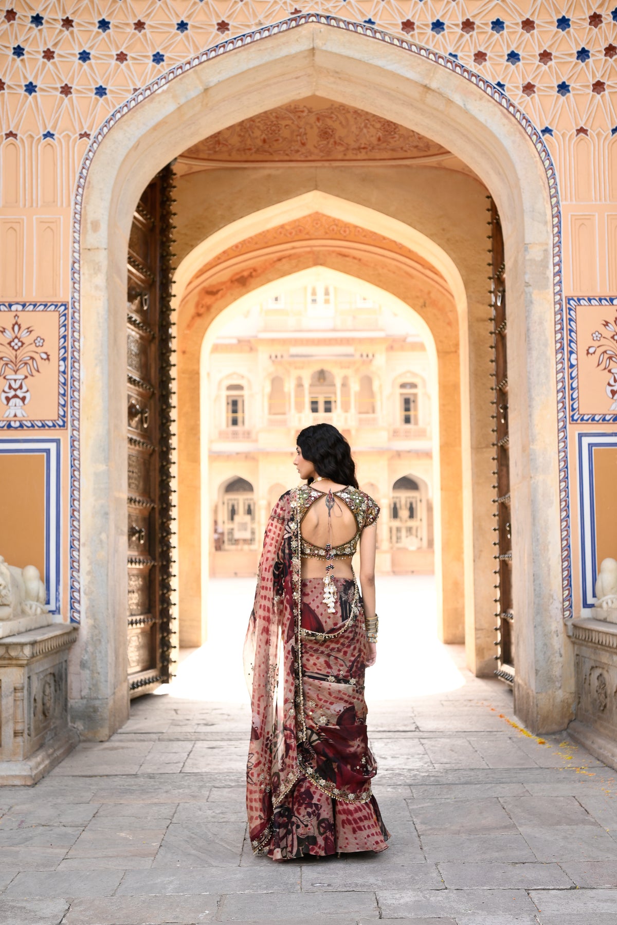 PRISTICHED ORGANZA SAREE WITH HIGHLIGHTED OPEN PALLA+ EMB BLOUSE
