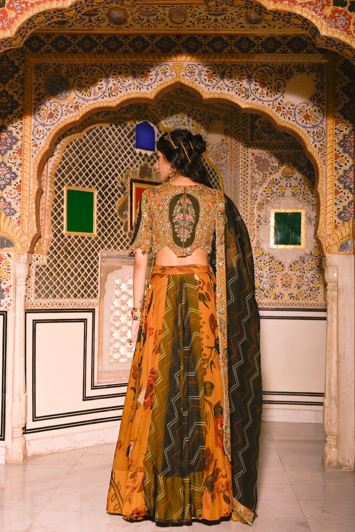 EMB TASSLE BLOUSE WITH DUEL PRINT LEHENGA WITH DUPATTA WITH EMB BORDER