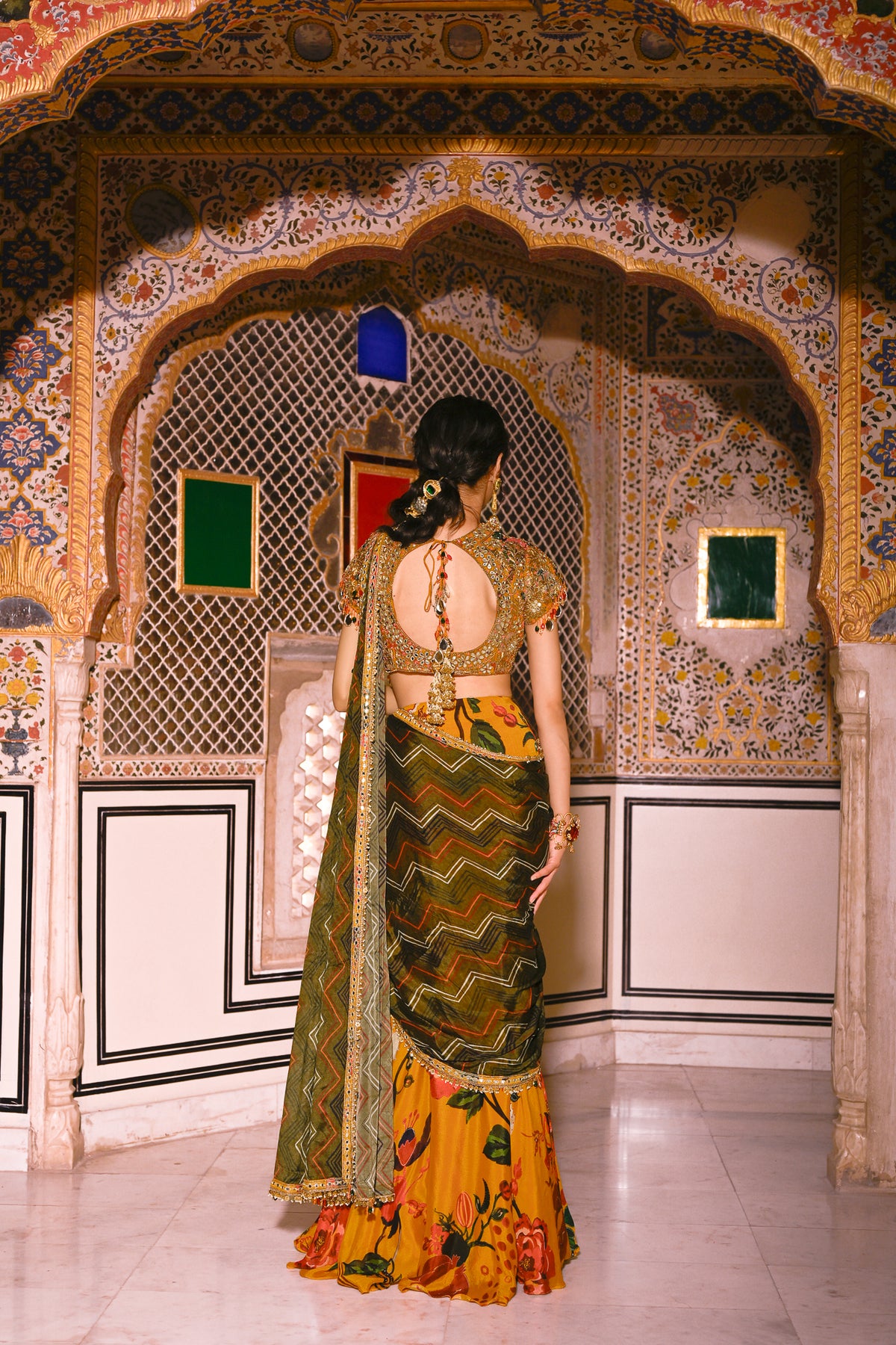 EMB BLOUSE PAIRED WITH DUEL PRINTED PRISTICHED SAREE