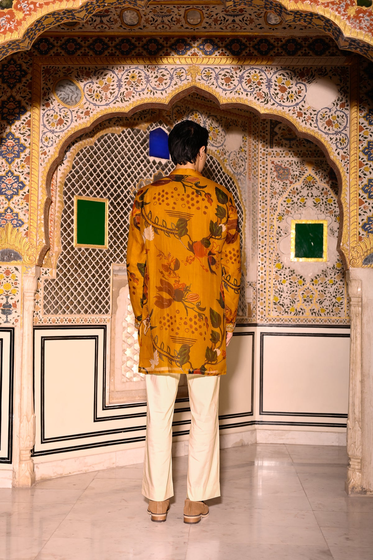PRINTED ORGANZA KURTA WITH PURTIN & PURTIN WORK & BEIGE FLAIR PANT