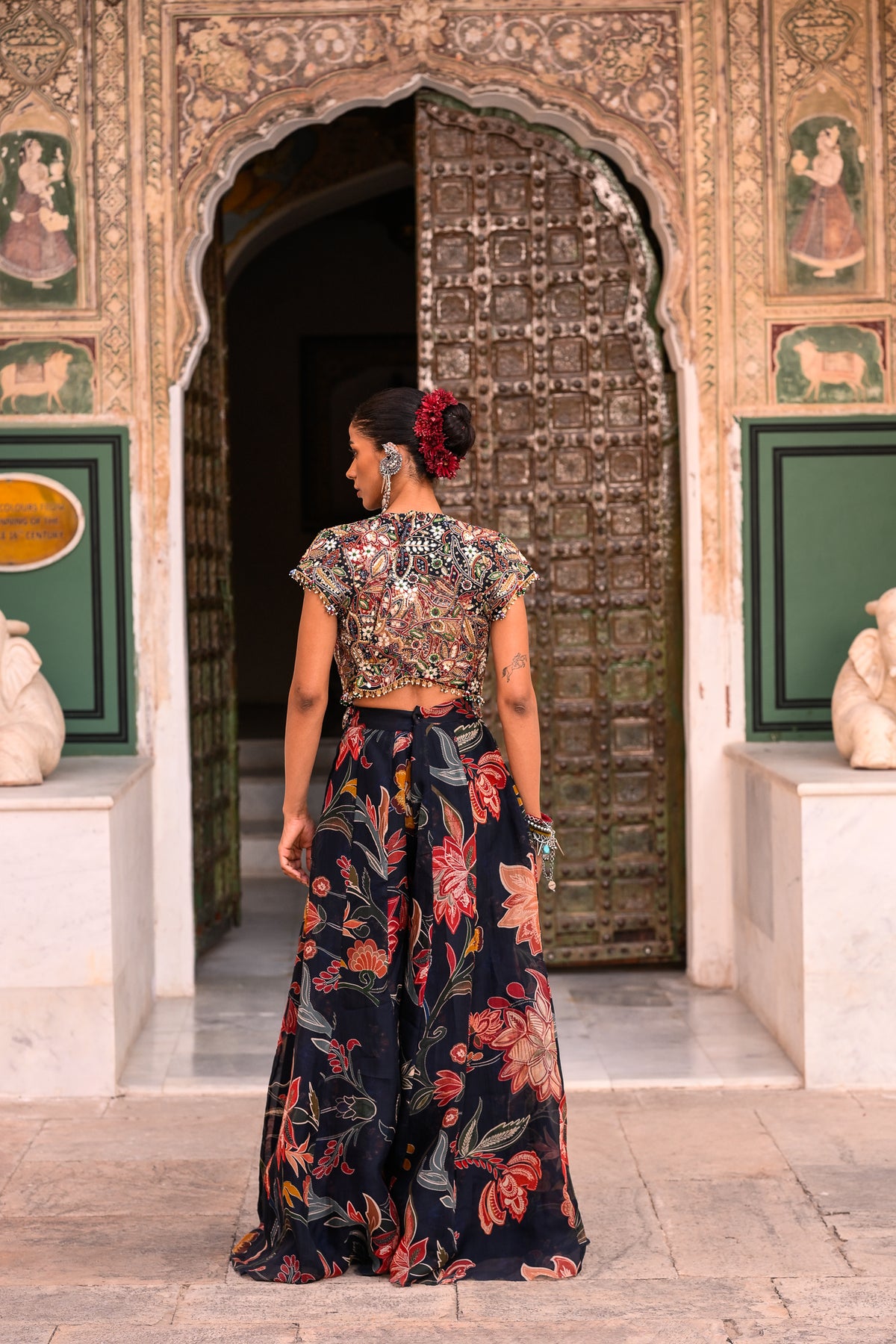PRINTED ORGANZA PANT WITH EMB BRALATTE + JACKET EMB