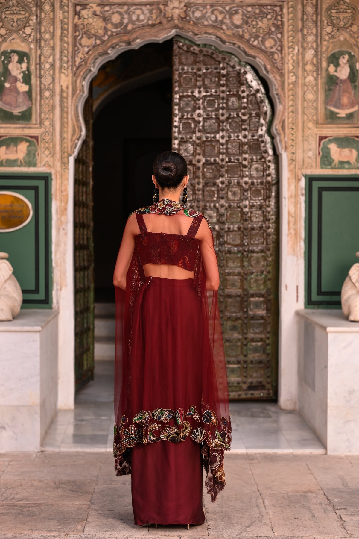 SATIN COWL SKIRT WITH EMB BRALATTE + NET APPLIQUE CAPE