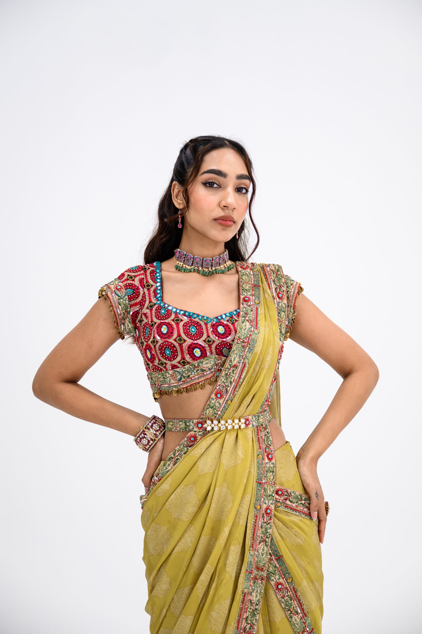 Mustard Saree Paired With Honey Comb Blouse With Belt/without Belt