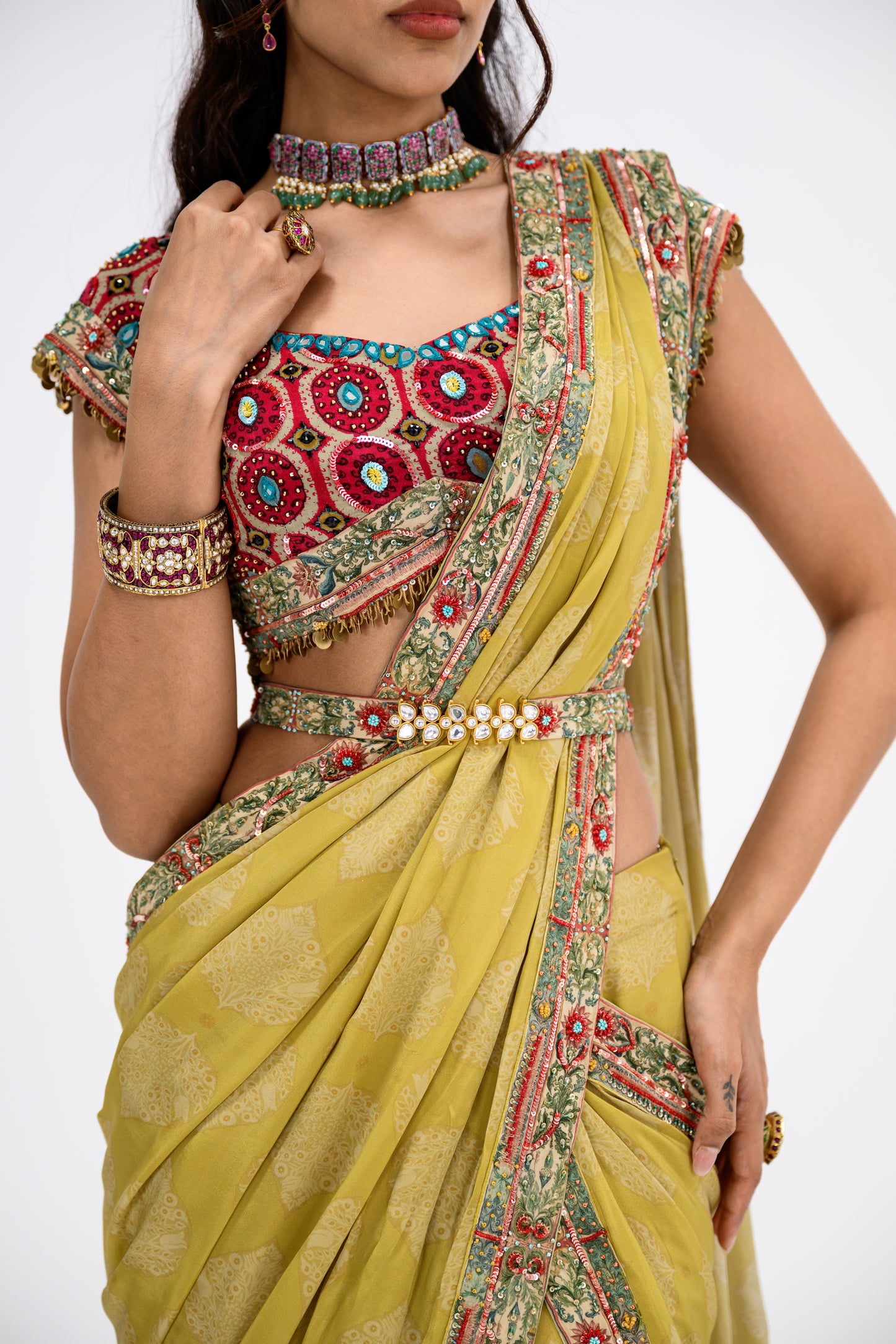 Mustard Saree Paired With Honey Comb Blouse With Belt/without Belt