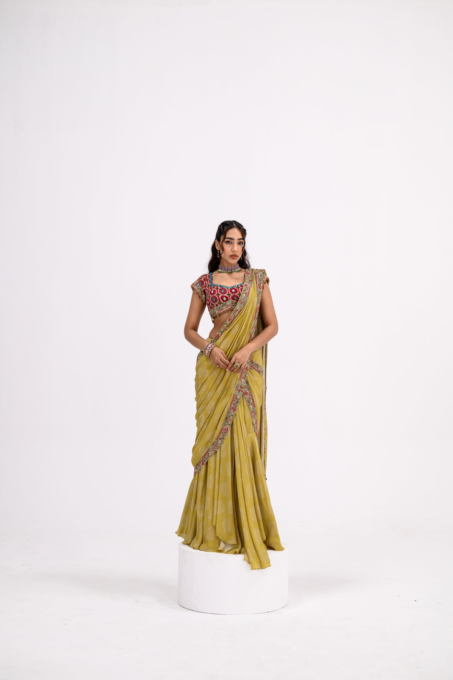 Mustard Saree Paired With Honey Comb Blouse With Belt/without Belt