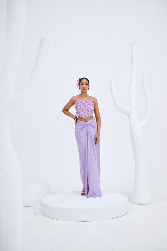LAVENDER COWL SKIRT PAIRED WITH EMBELISHED CORSET TOP