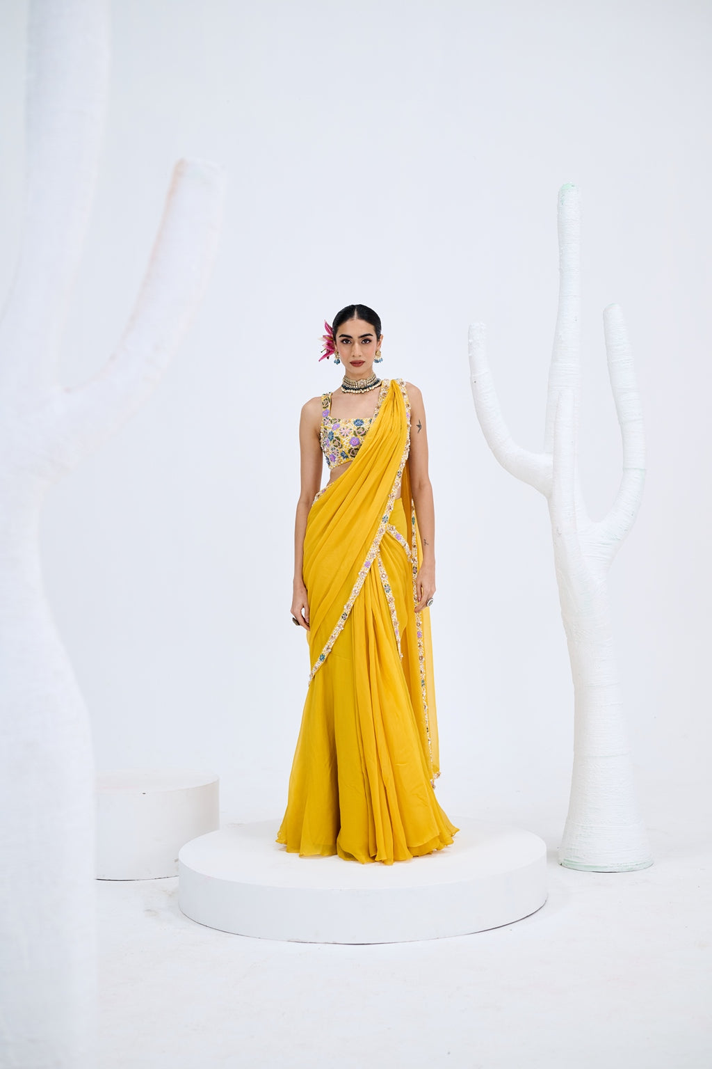 YELLOW PRE DRAPED SAREE WITH EMBROIDERED BLOUSE