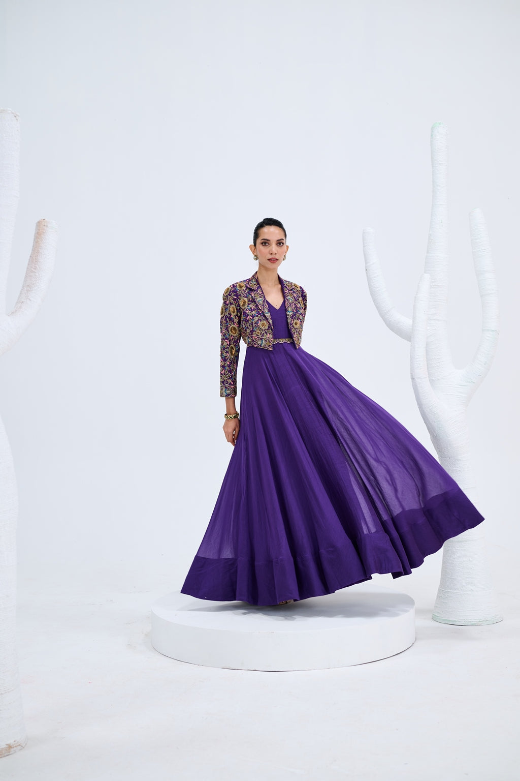 Shop Purple Gown Embroidered Jacket Set Online - Main Image
