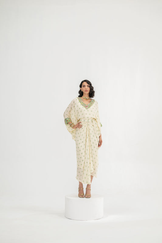 Cream Dotted Toga Cape With Inner And Skirt Set