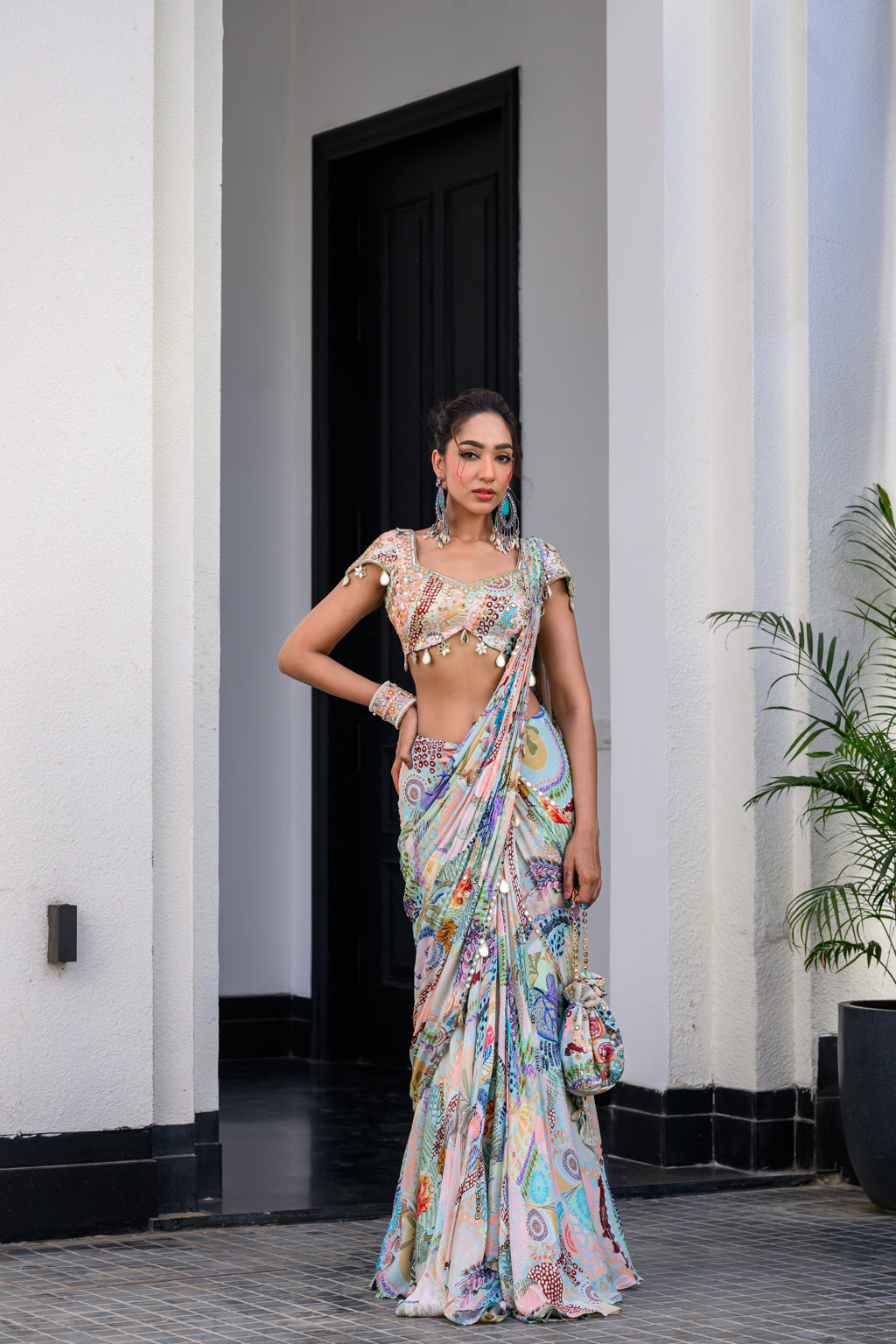 GARDENIA HIGHLIGHTED SAREE PAIRED WITH HAND WORK MIRROR BLOUSE